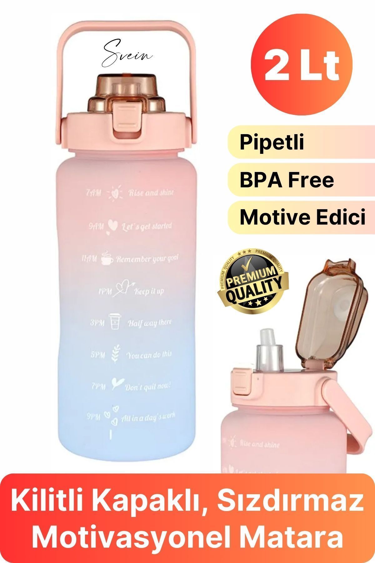 Premium 2 Lt Pipetli Kilitli Sızdırmaz Kapaklı Tutma Saplı Motivasyon Suluk Matara Sporcu Su Şişesi