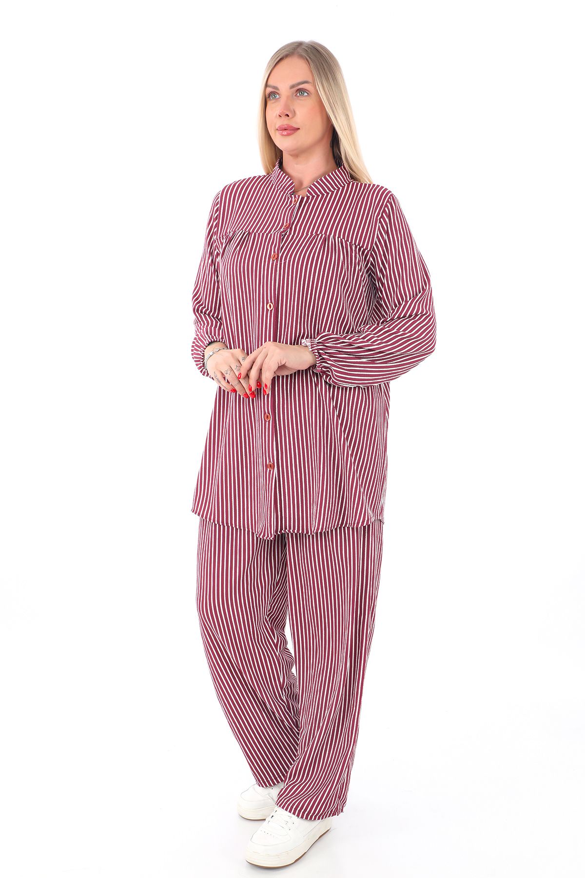 AfifeCOLLECTİON-Comfortable Fit Striped Bottom Top Set Stylish Patterned Mother's Set with Trousers 1