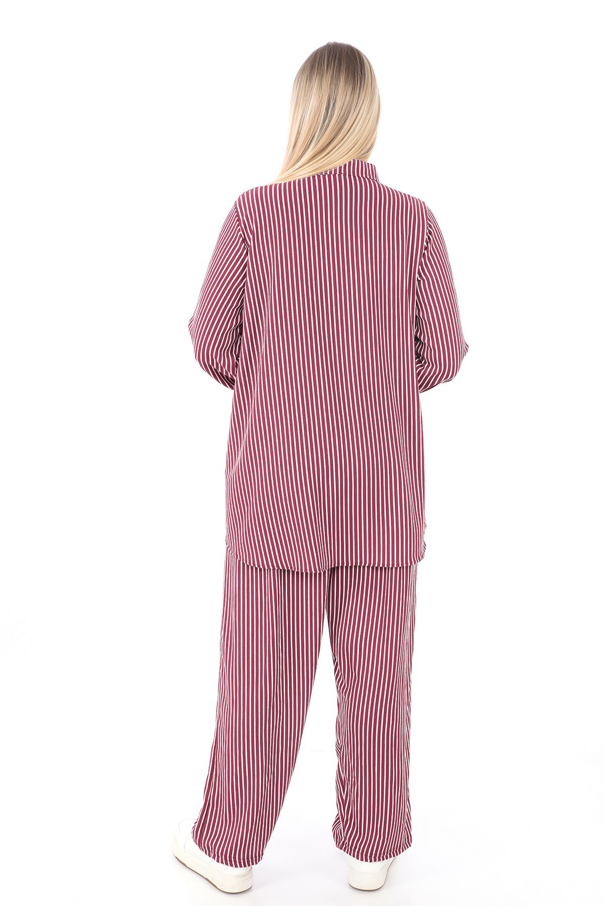AfifeCOLLECTİON-Comfortable Fit Striped Bottom Top Set Stylish Patterned Mother's Set with Trousers 3