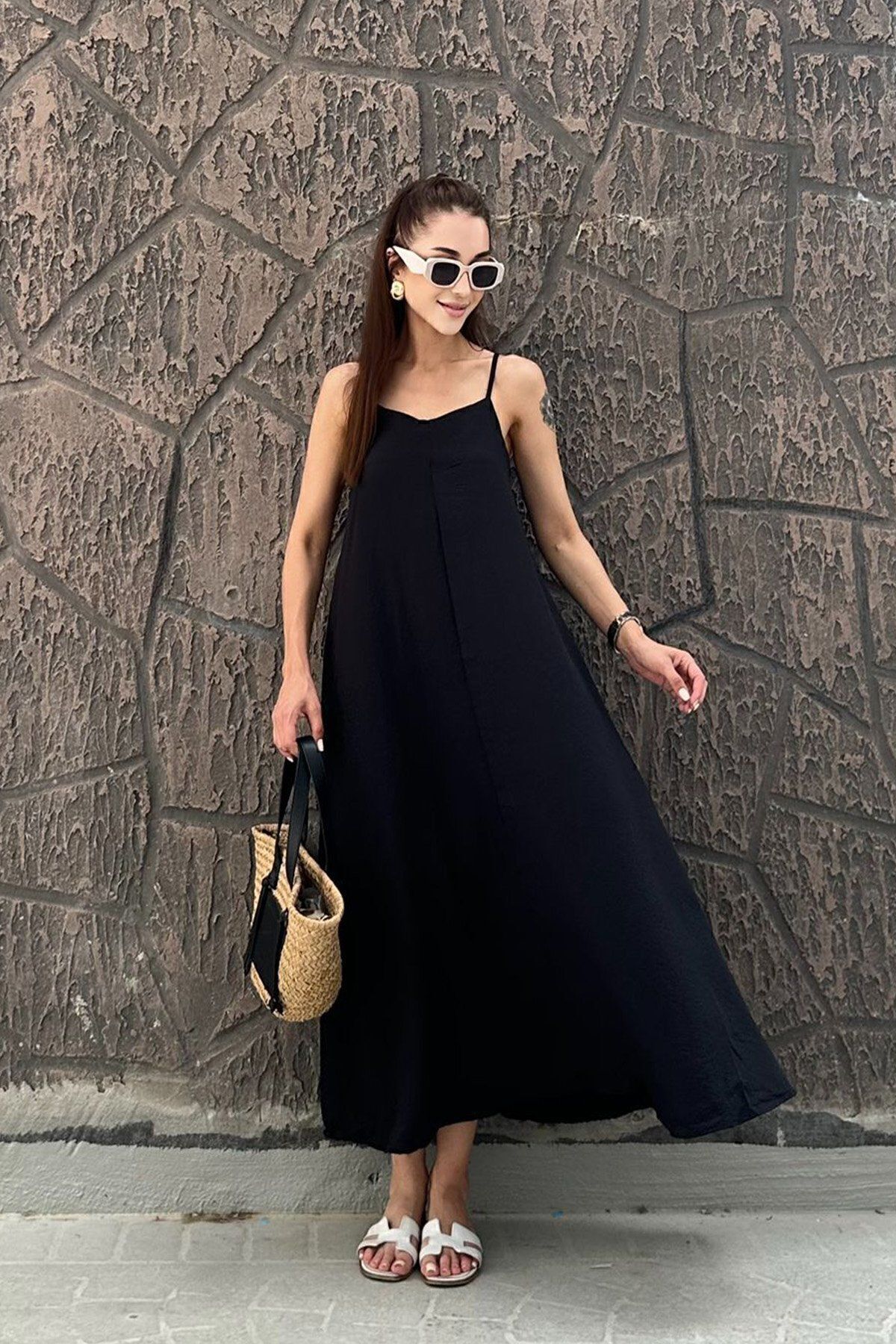 isabels womens long black dress with adjustable straps robe longue noire à bretelles réglables