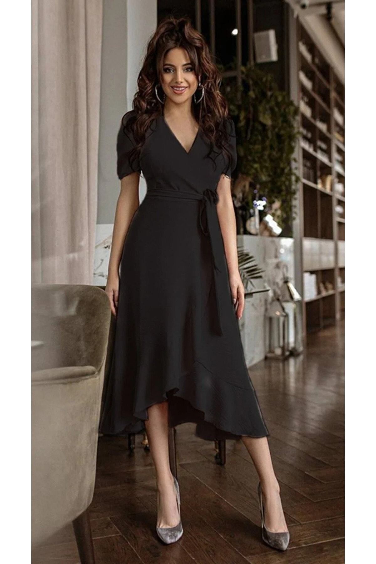 Women's Black Wrap Collar Flywheel Waistband Short Sleeve Midi Evening Dress