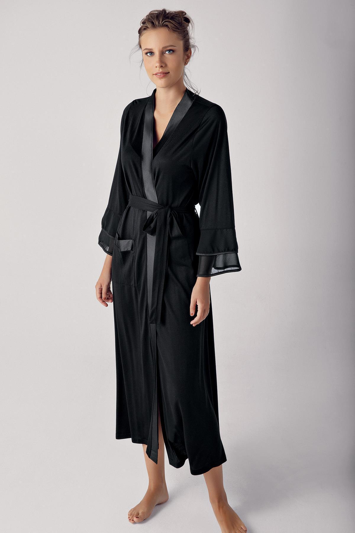 Women's Long Chiffon Satin Detailed Long Sleeve Viscose Robe 8600
