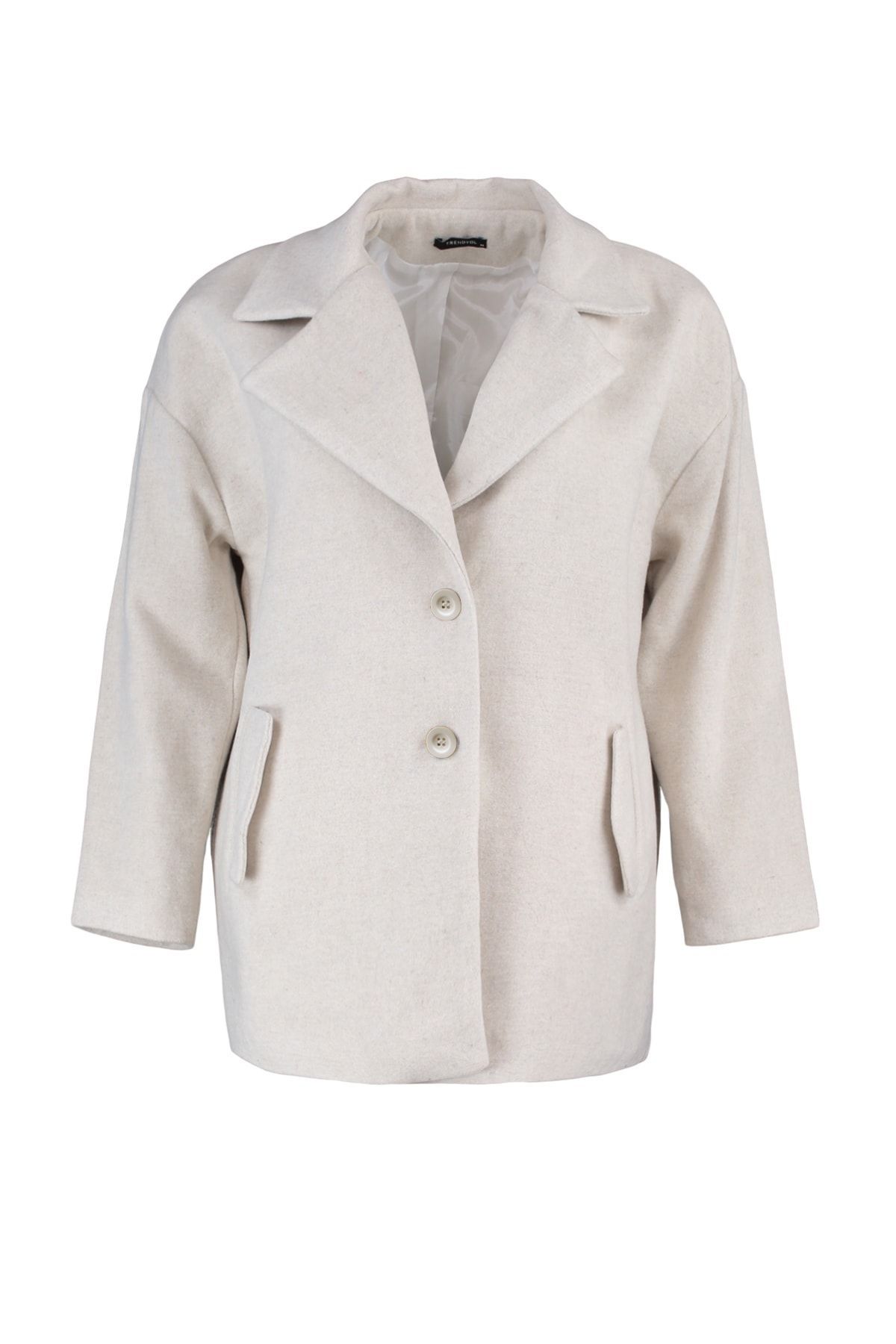 Trendyol Curve-Ecru Stamp Coat - Regular Fit, Zweireihiger Mantel, Wollmischung TBBAW23KB00007 5