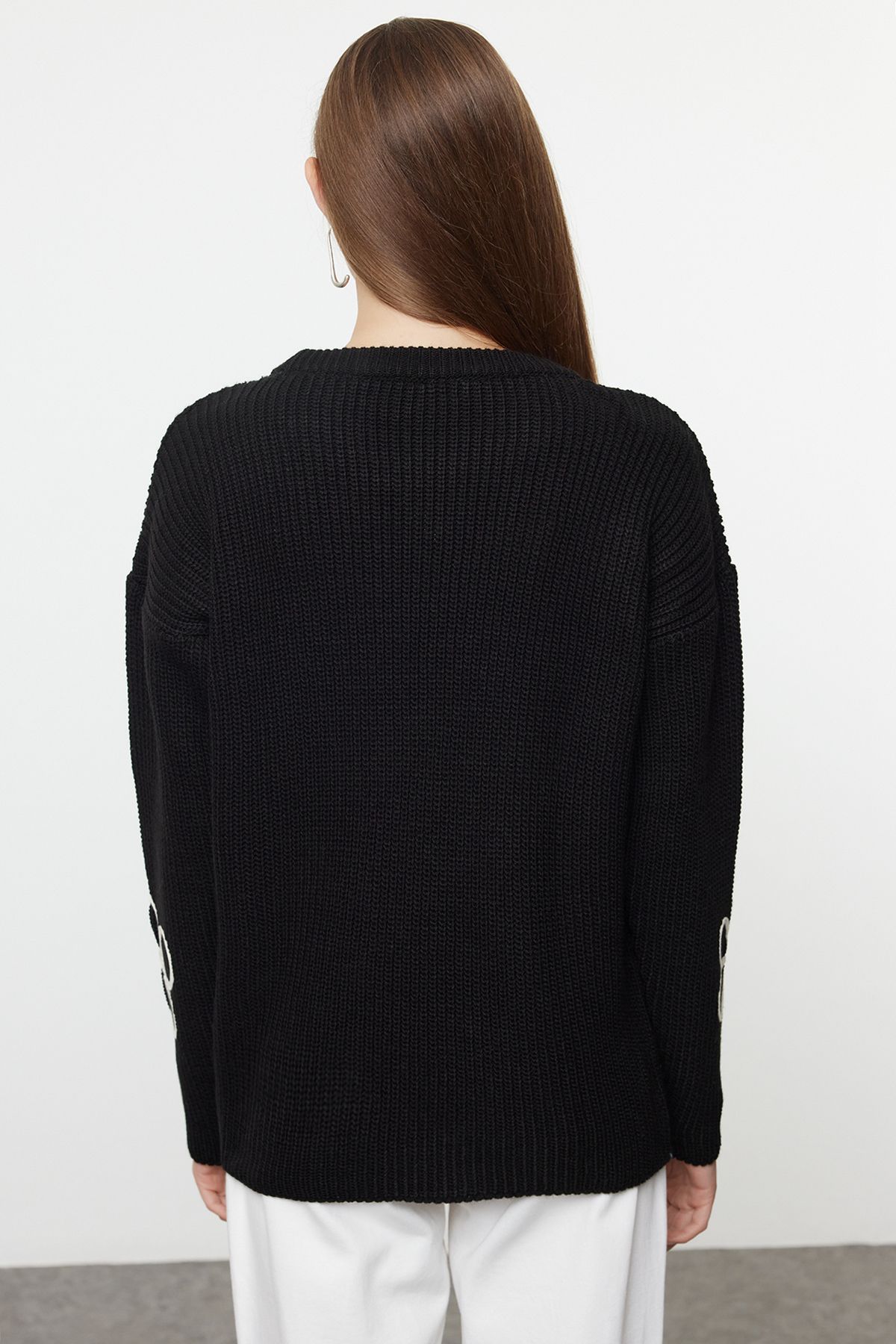 Trendyol Collection-Pulover din tricot cu nervuri negre cu imprimeu floral - Genușă, decolteu triplu TWOAW25KZ00323 5