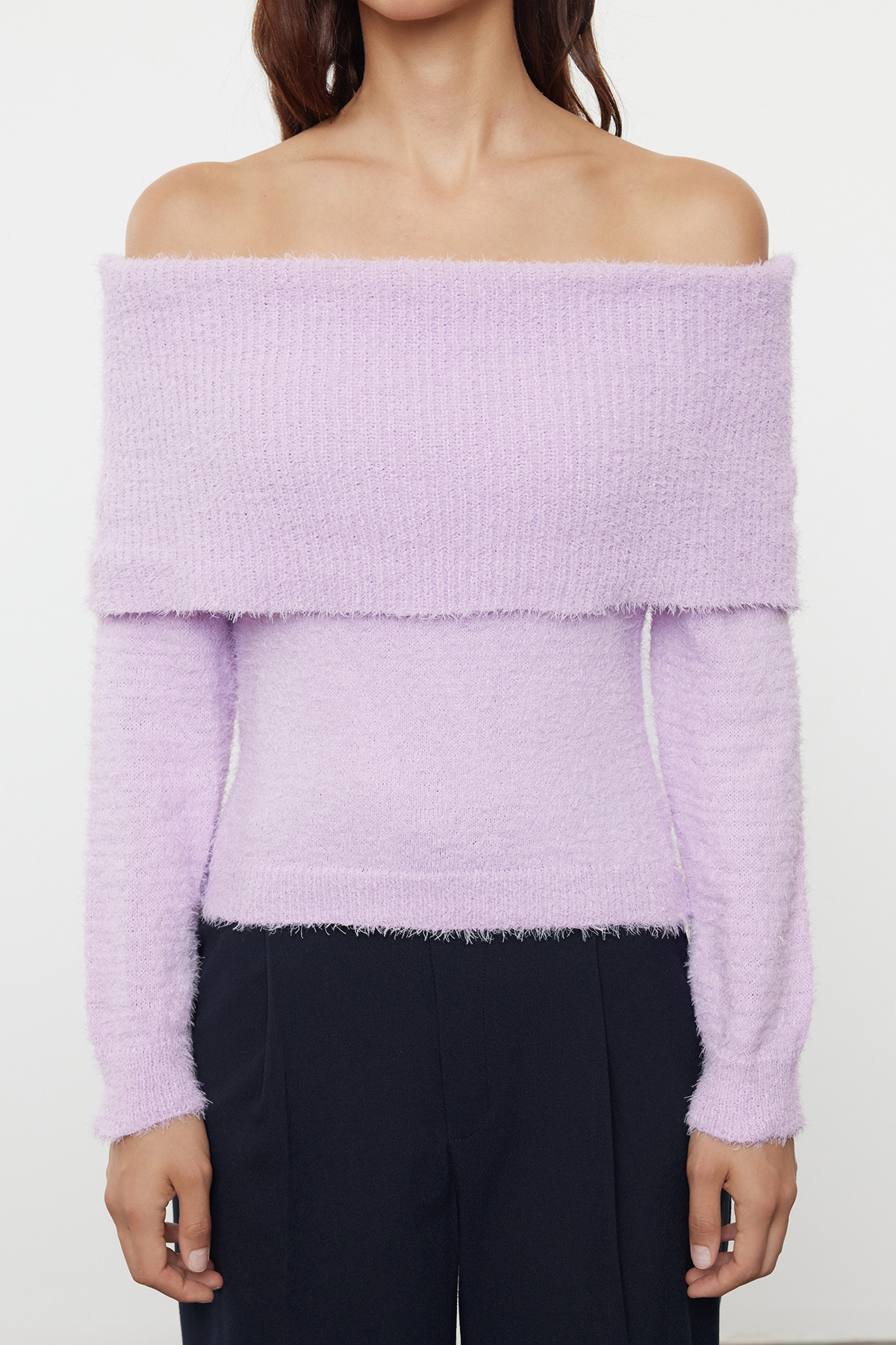 Trendyol Collection-Lila Carmenkragen - Strickpullover mit Feder- und Bartfaden TWOAW24KZ00121 3