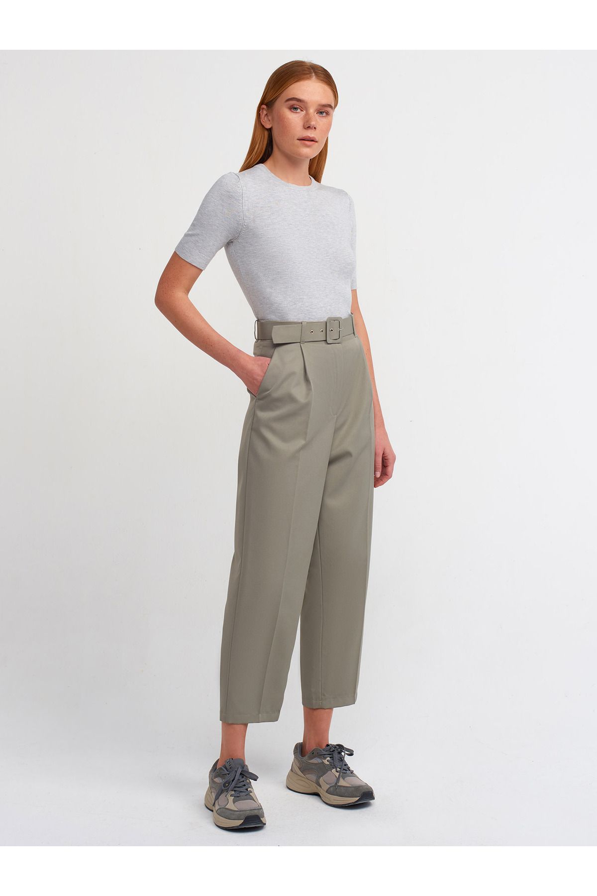 Dilvin-71179 High Waist Trousers with Collet Detail on the Front - Green 1