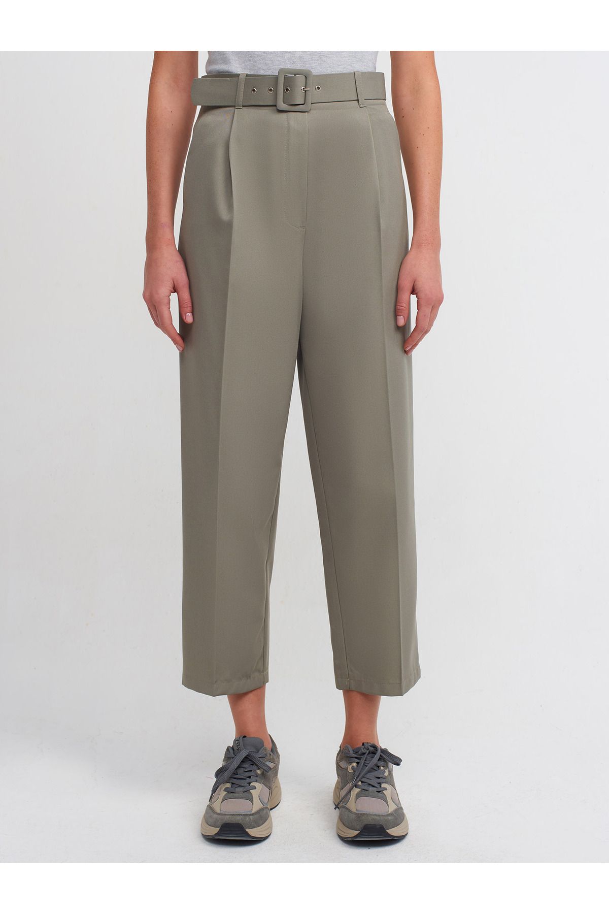 Dilvin-71179 High Waist Trousers with Collet Detail on the Front - Green 3