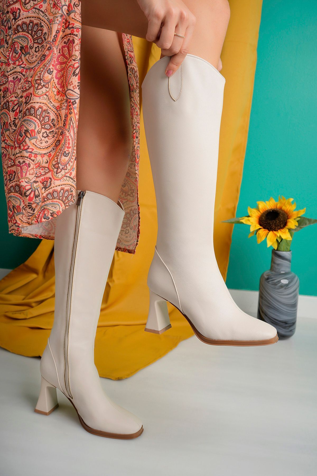 camaiore  Kadın Topuklu Bej Deri Uzun Çizme Üst Kalite - Görsel 2