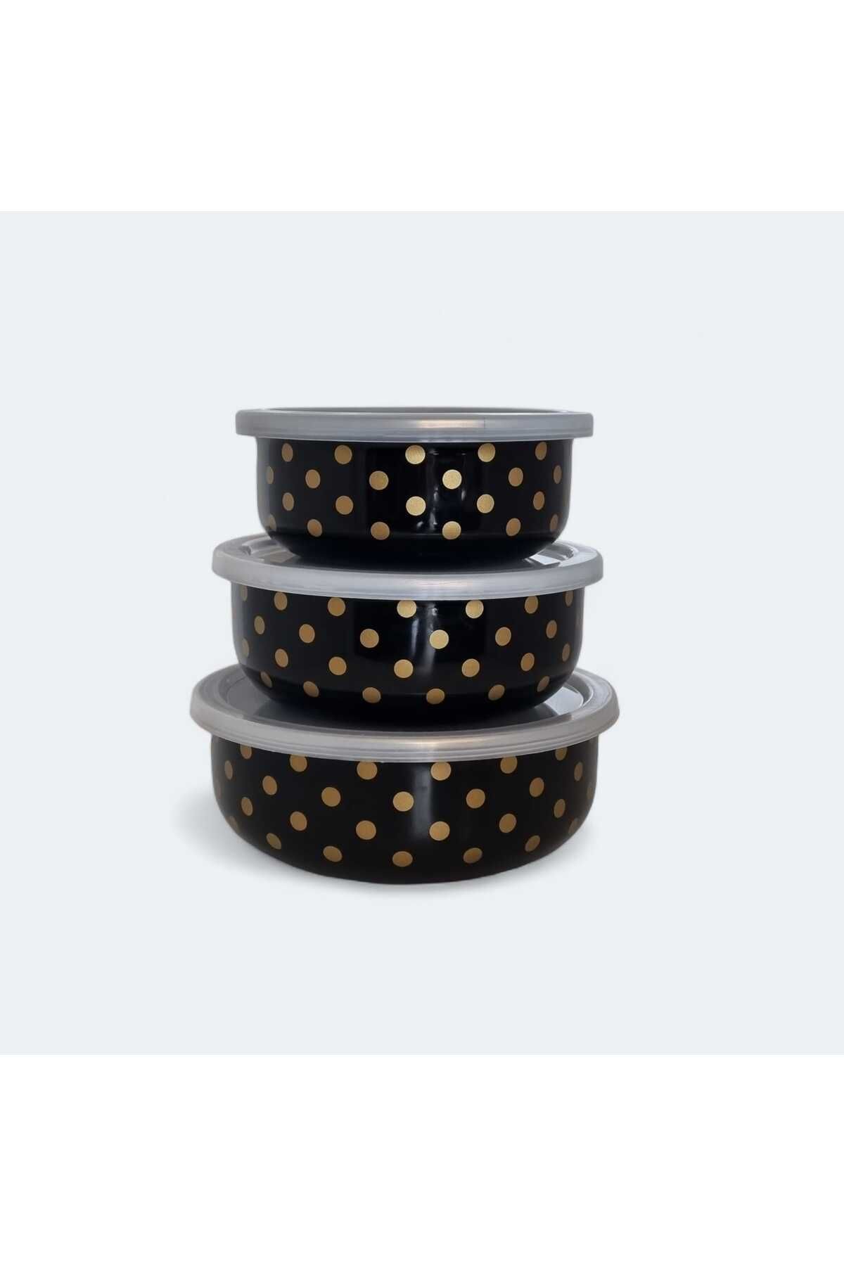 gold puantiyeli siyah emaye saklama kabı 14 cm 16 cm 18 cm