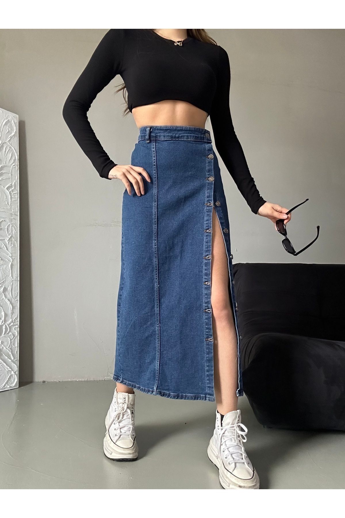 Kadın Önü Düğmeli Maxi Boy Koyu Mavi Likralı Denim Etek