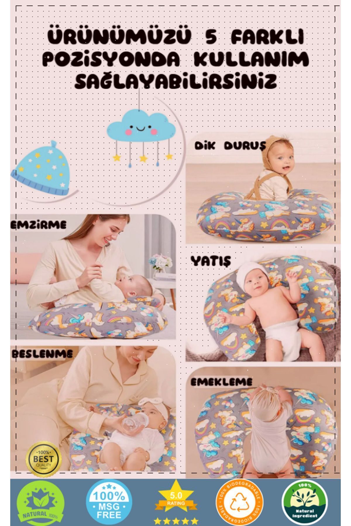 OMZ %100 Pamuklu Yumuşak ve Rahat Çift Taraflı Emzirme Yastığı Bebek Destek Minderi Gri Emzirme Yastigi fotoğrafı 5 (önizleme)