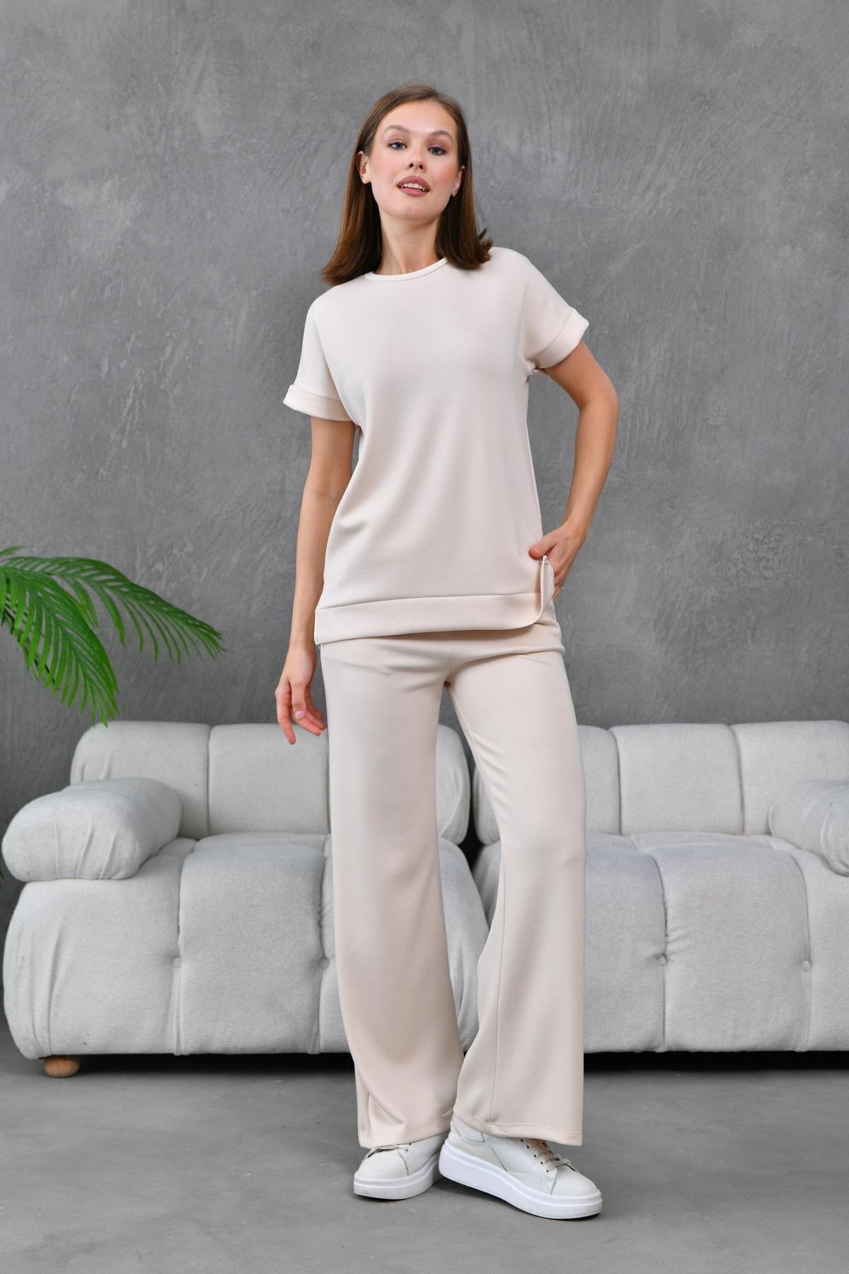 Lusin-Set modal de vară pentru femei ecru - pantaloni și tricou 4