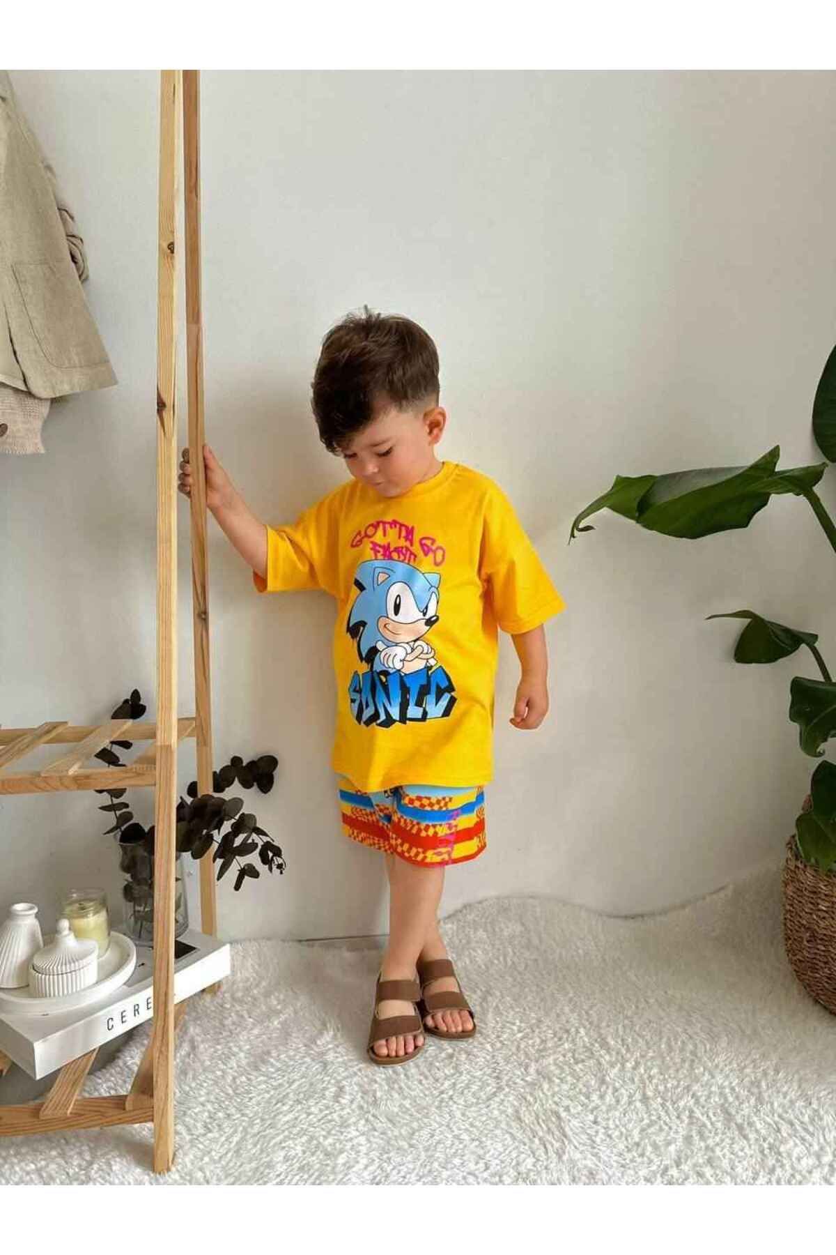 BİR DOZ ÇOCUK GÜLÜŞÜ-Sonic Cotton Patterned Shorts Set for Boy 2