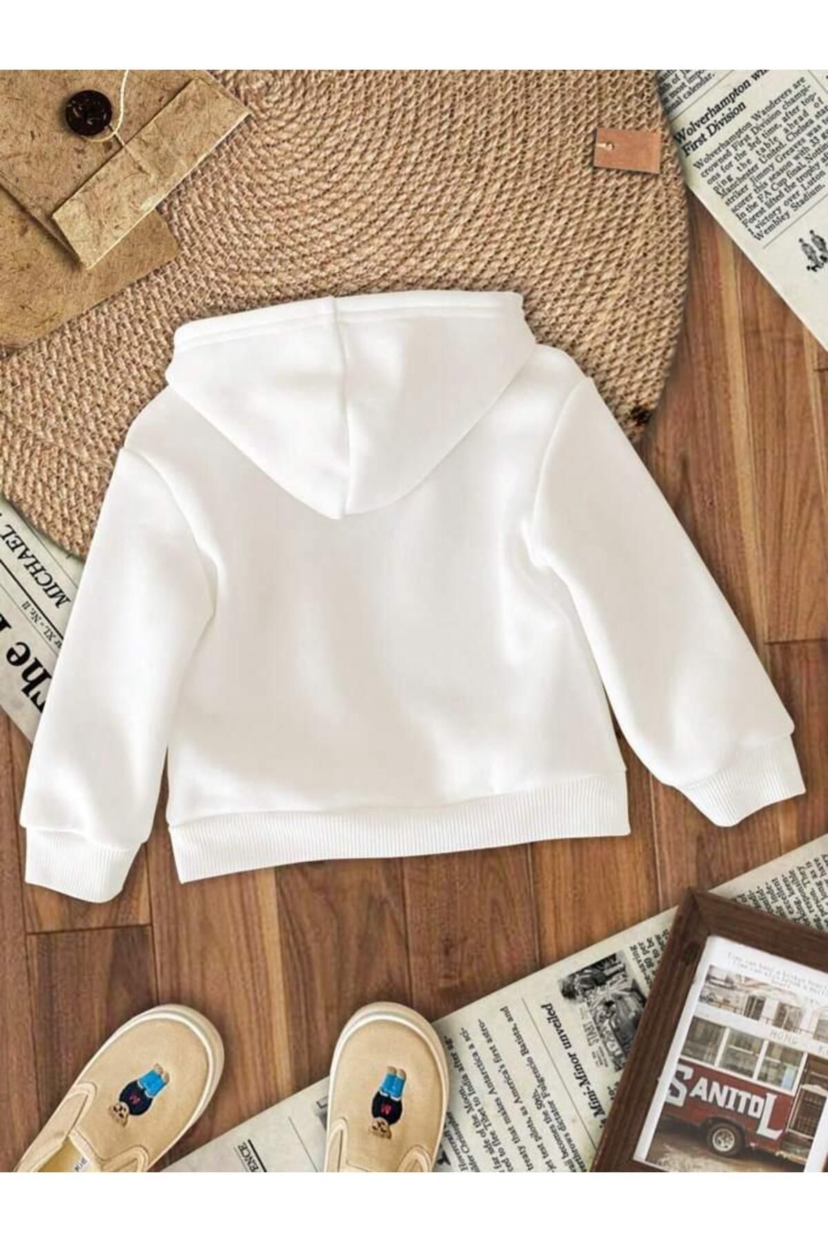 Kız-Erkek Çocuk Beyaz Kapşonlu Brooklyn usa New YorkBaskılı Sweatshirt