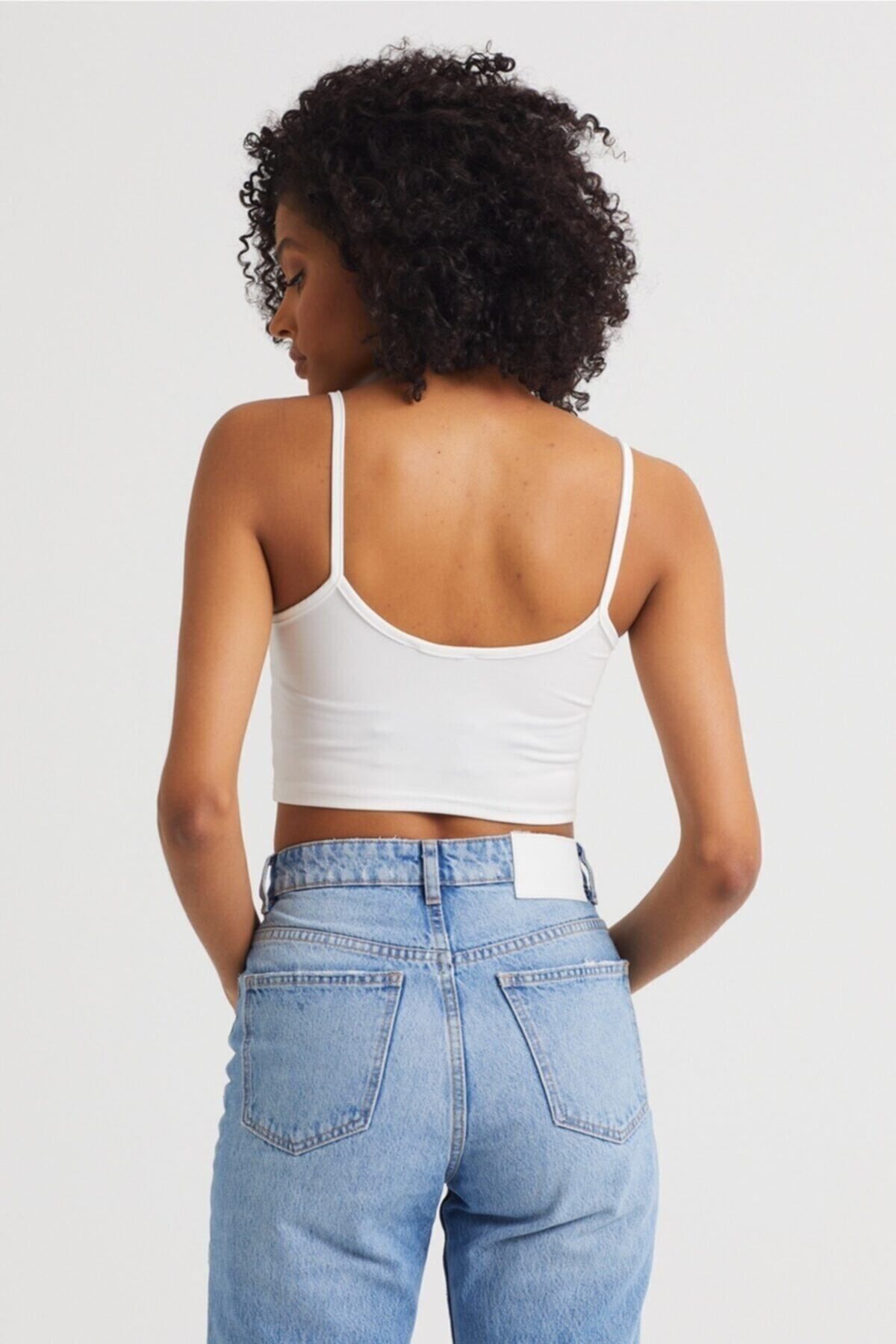 Kadın Ekru Scuba Kumaş İp Askılı Crop Top