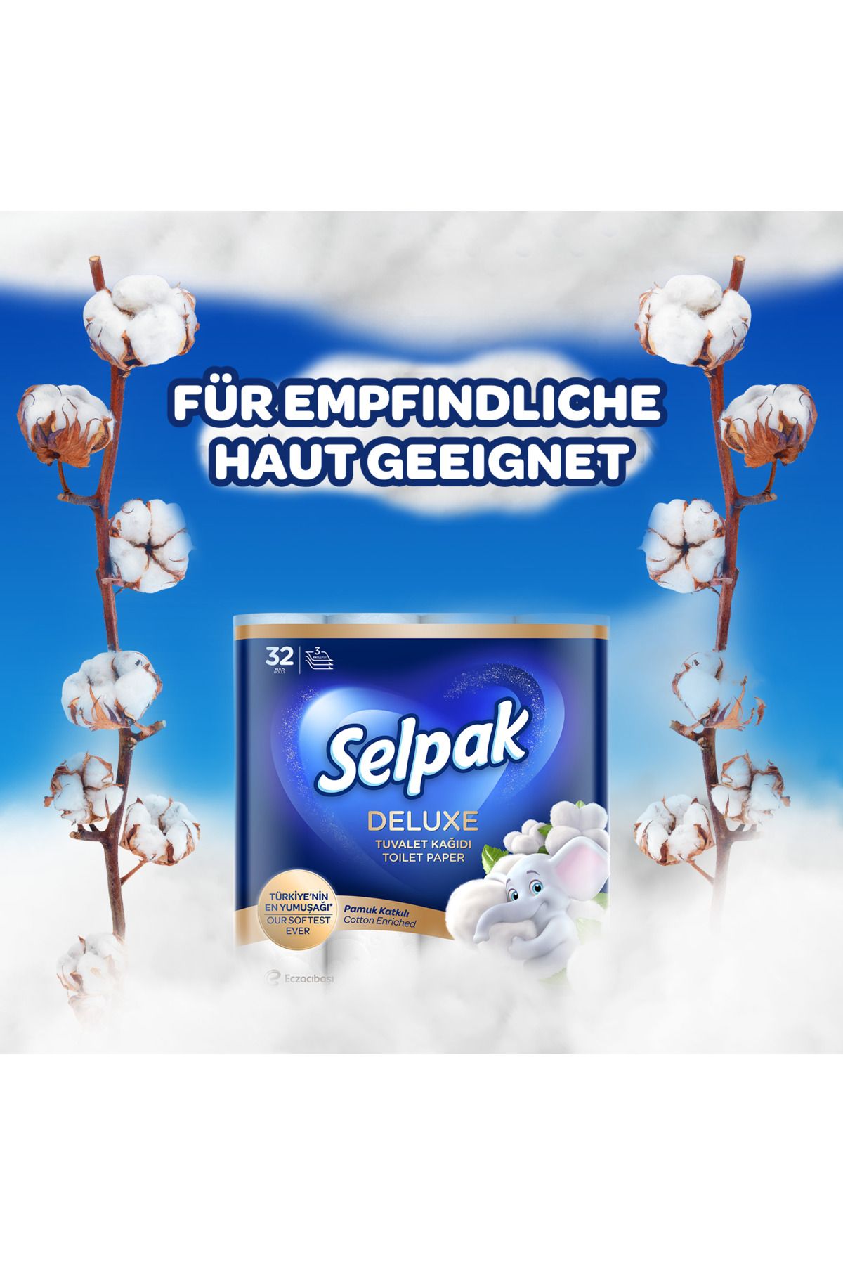 Selpak-Deluxe Toilettenpapier 3-lagig, 12480 Blatt 96 Rollen (3 x 32), Klopapier Mit Baumwollfasern 4