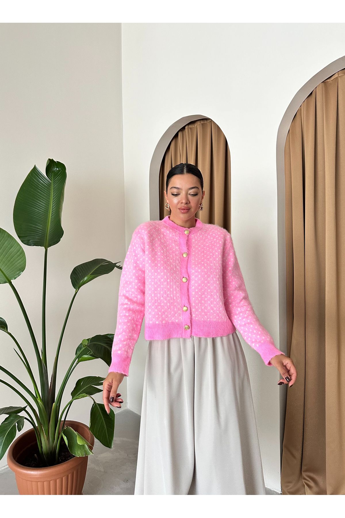 Laluvia-Bonbonrosa gemusterter Cardigan mit Goldknöpfen-4468 5