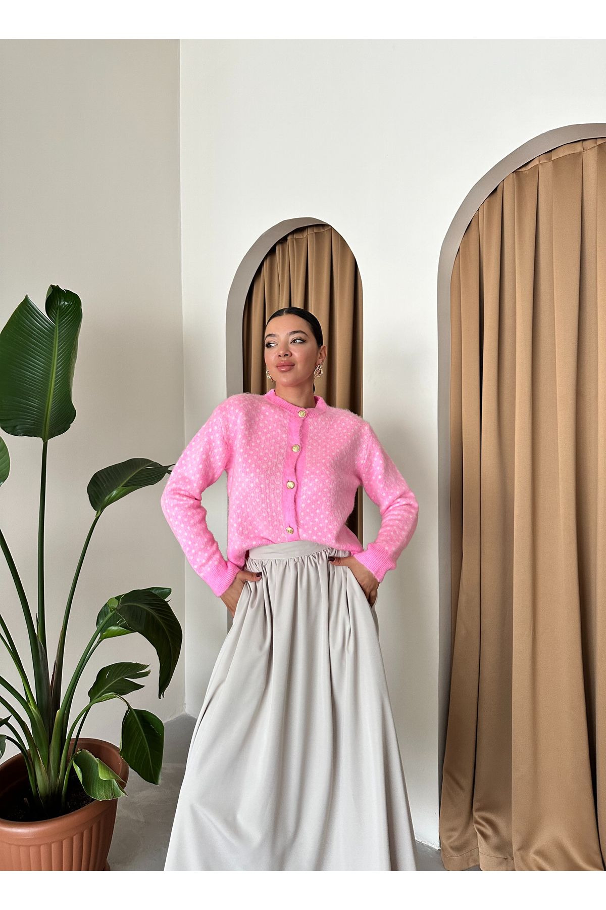 Laluvia-Bonbonrosa gemusterter Cardigan mit Goldknöpfen-4468 6