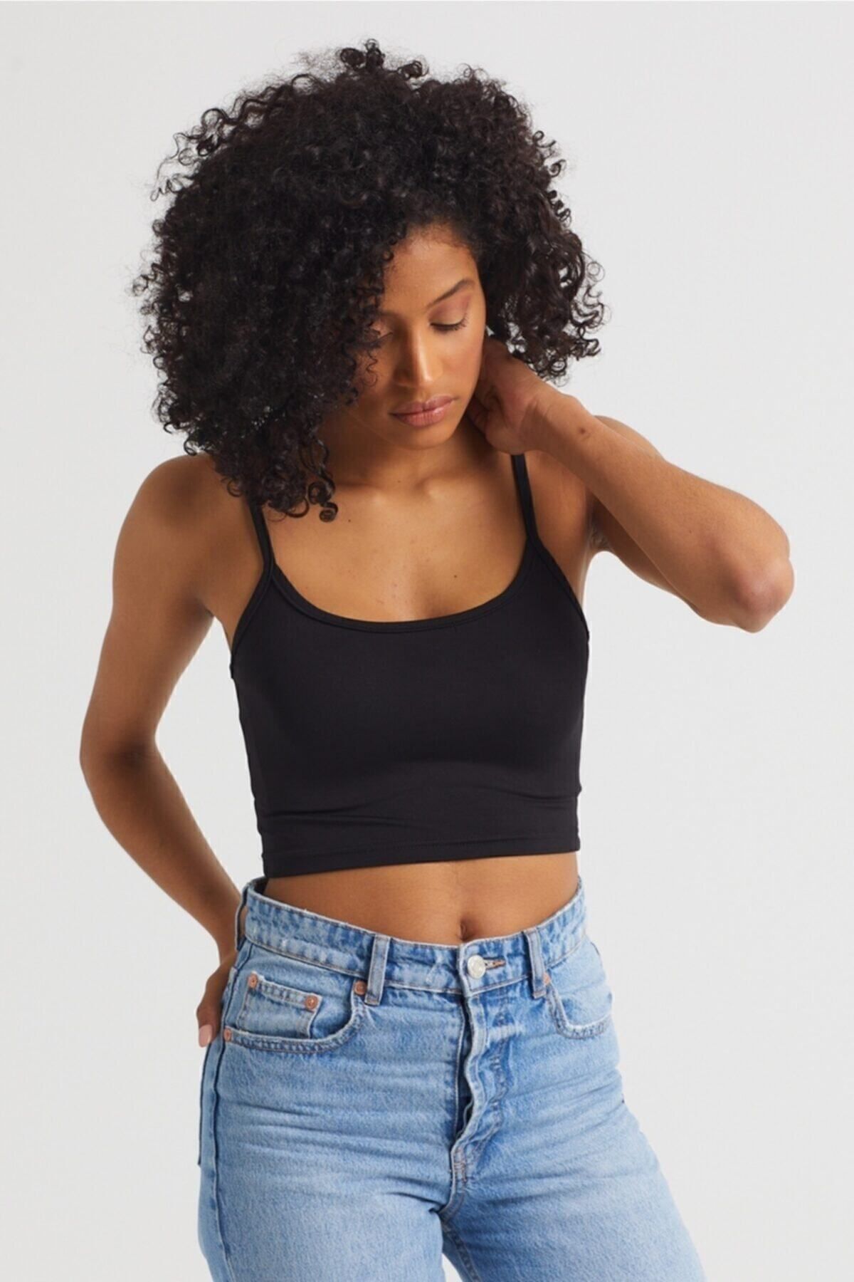 Kadın Siyah Scuba Kumaş İp Askılı Crop Top