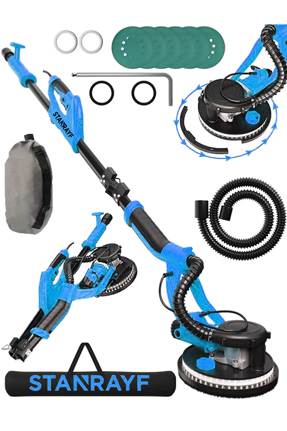 STANRAFY ALMAN 360'Ledli 8800VF Pro Kollu Alçıpan Duvar Yüzey Zımpara Makinası Toz Emmeli Toz torbalı