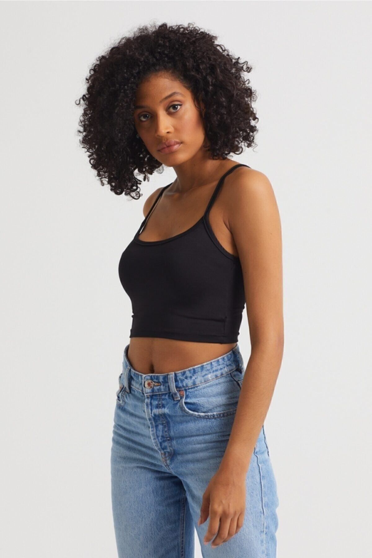 Kadın Siyah Scuba Kumaş İp Askılı Crop Top