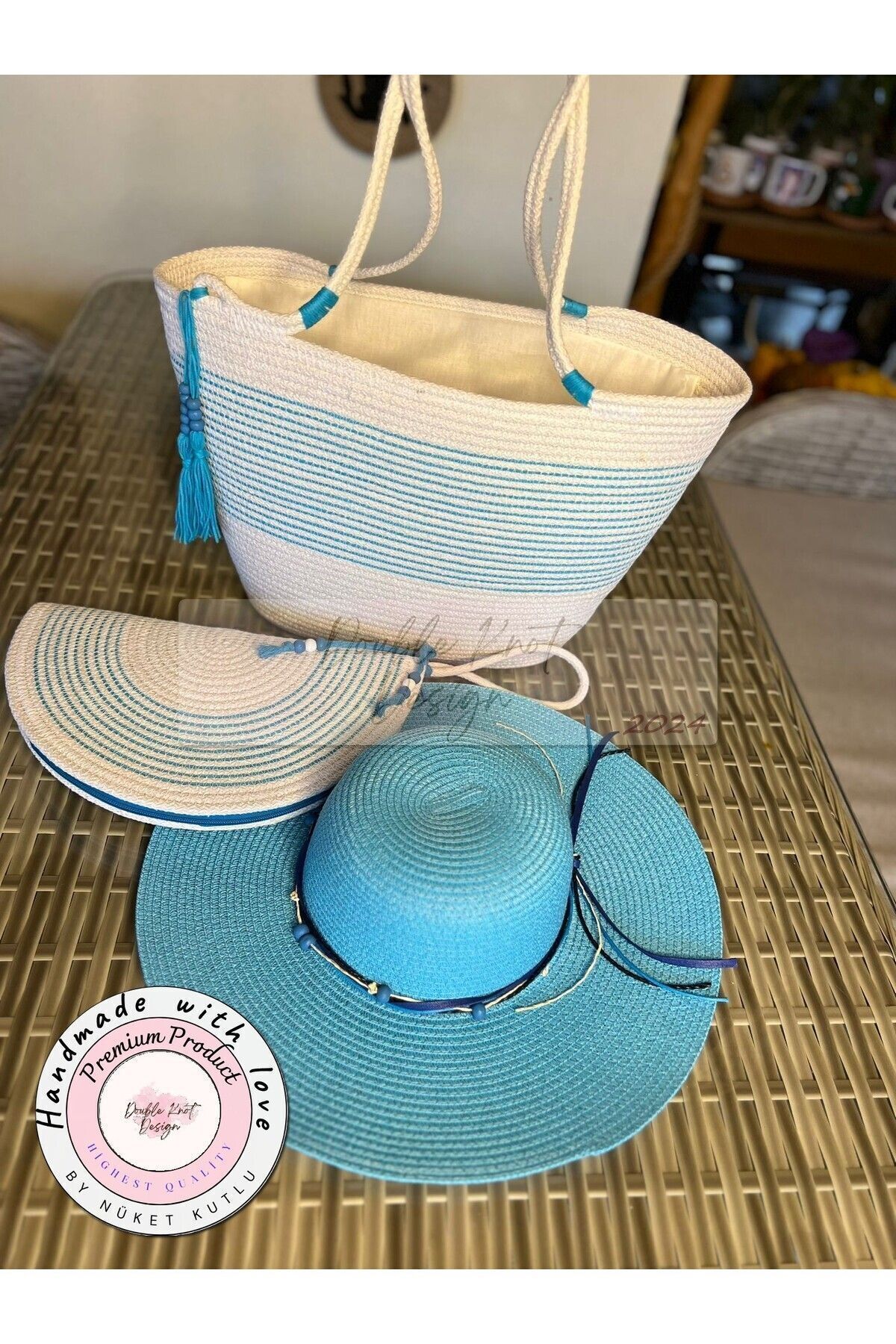 3-Piece Set Beach Bag , Handbag Clutch, Hat, Totebag, Women's Bag, Summerhouse, Gift, Straw .