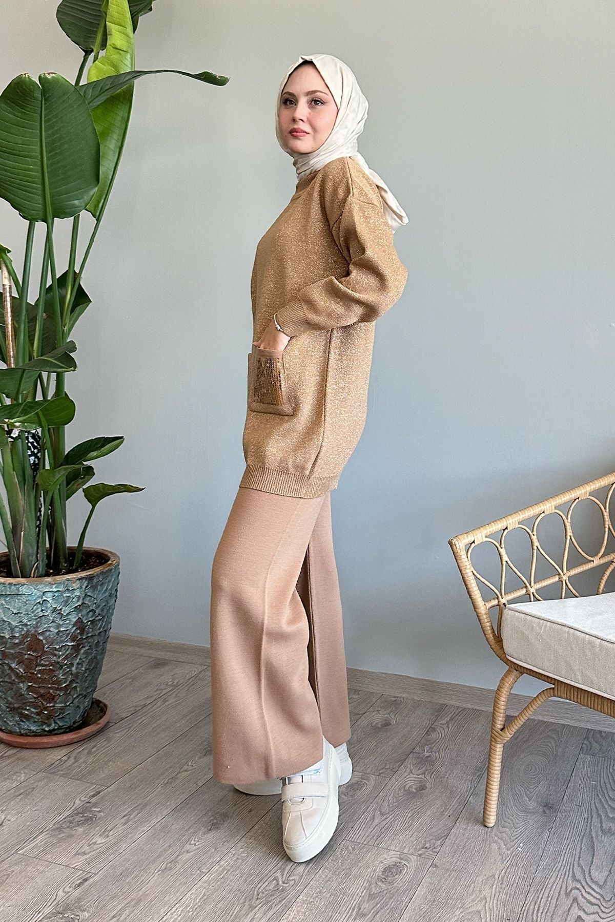 InStyle-Set velbloudího úpletu - kapsa s flitry a třpytivý detail 5