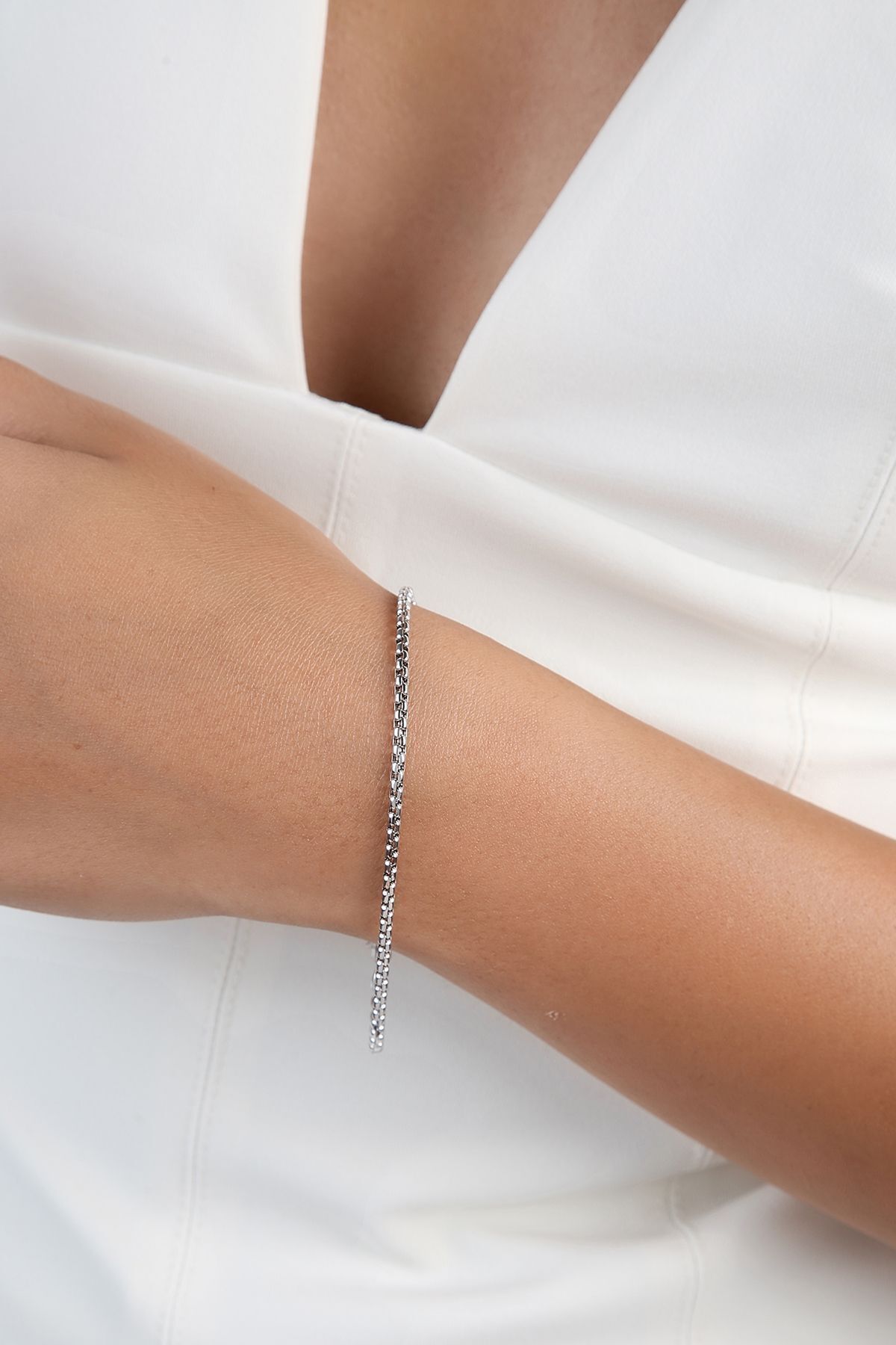 14 Ayar Altın Unisex Beyaz Kare Küp Zincir Bileklik 2.5 Mm 2