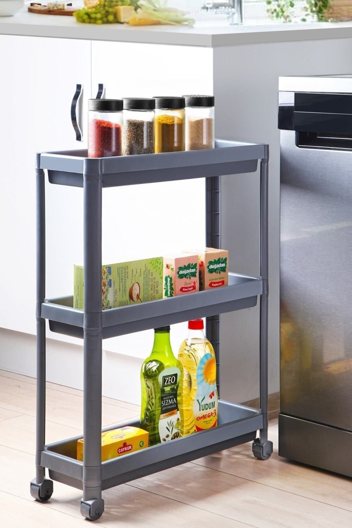 Wheeled Shelf Unit 3-Tier Grey Bathroom Shelf Kitchen Shelf Service Table Organizer