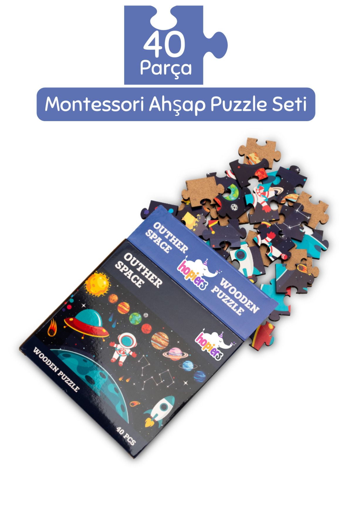 Montessori Outher Space Ahşap 40 Parça Puzzle - 1+ Yaş - Eğitici, öğretici ve Güvenli Çocuk Oyuncağı