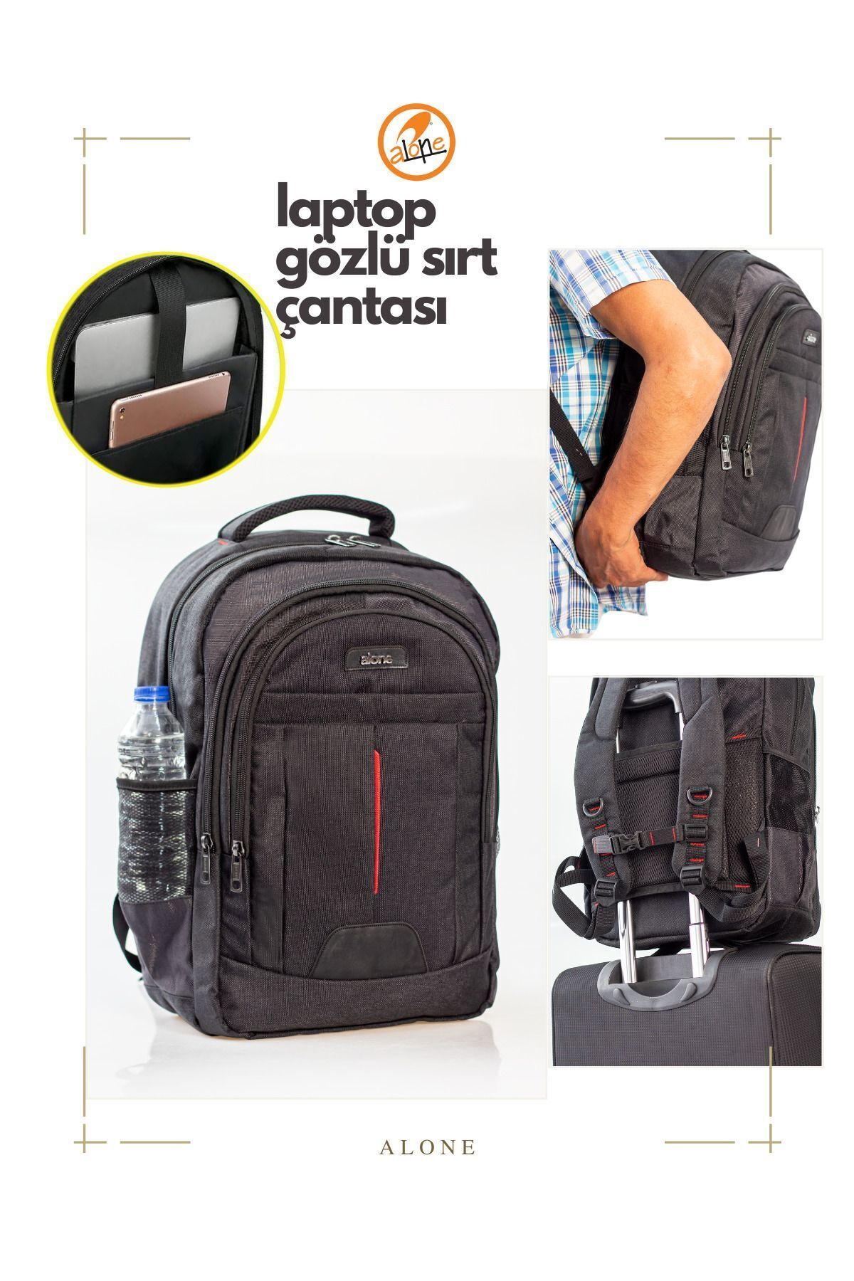 Alone Laptop Gözlü Sırt Çantası 1330 - Siyah, Suya Dayanıklı Çoklu