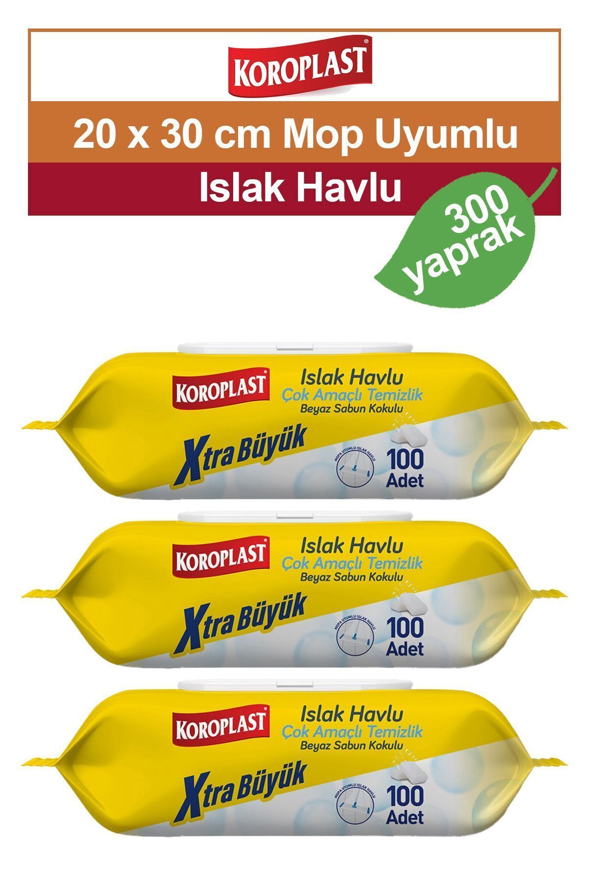 Koroplast Mop uyumlu Çok Amaçlı Islak Temizlik Havlusu Beyaz Sabun Kokulu 3x100 adet