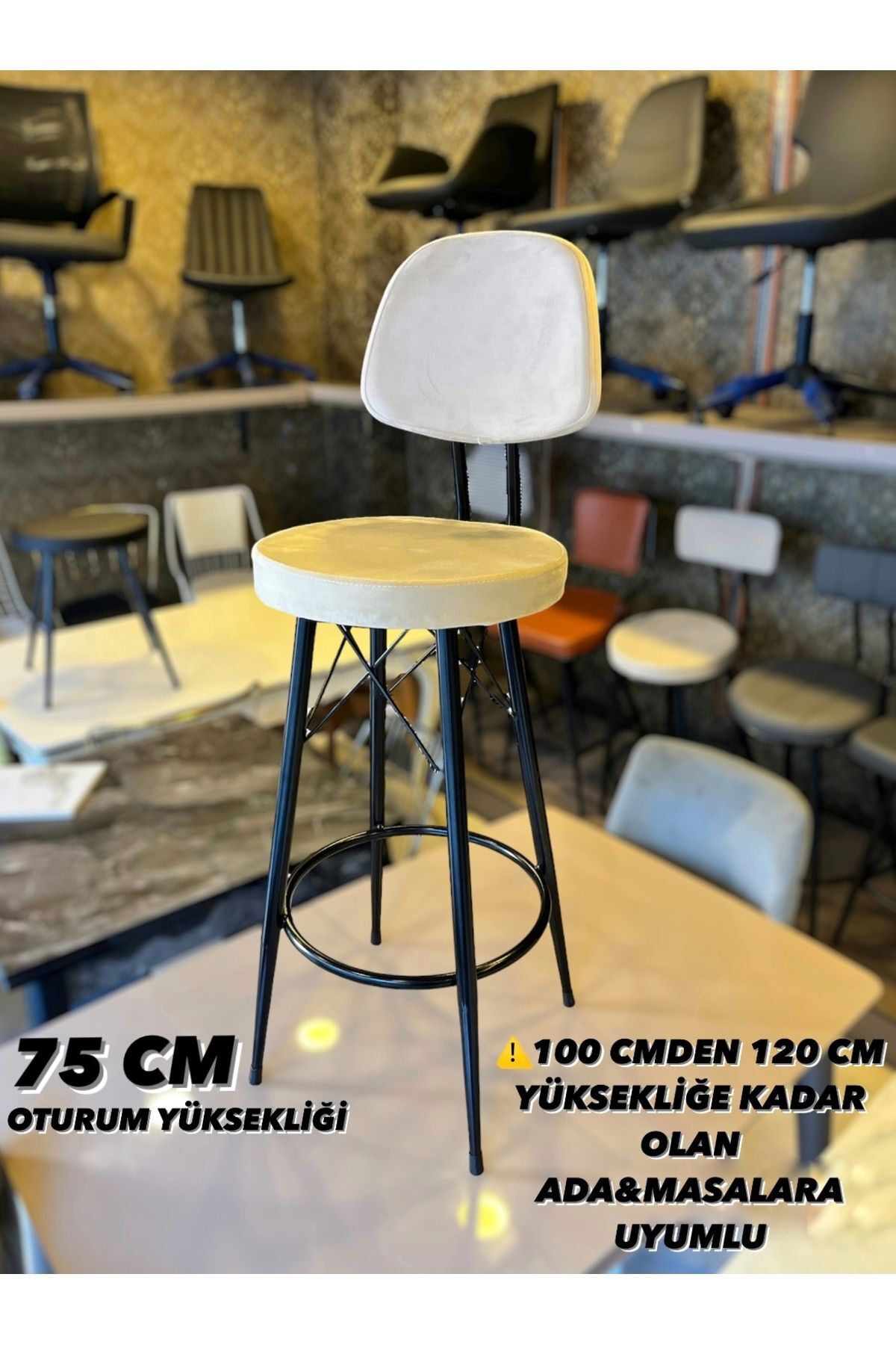 The SANDALYE SHOP Yeni Dolce Bar Sandalyesi 75 Cm Bej Babyface Kumaş.100 Ile 115 Cme Kadar Olan Ada&masalara Uyumlu.