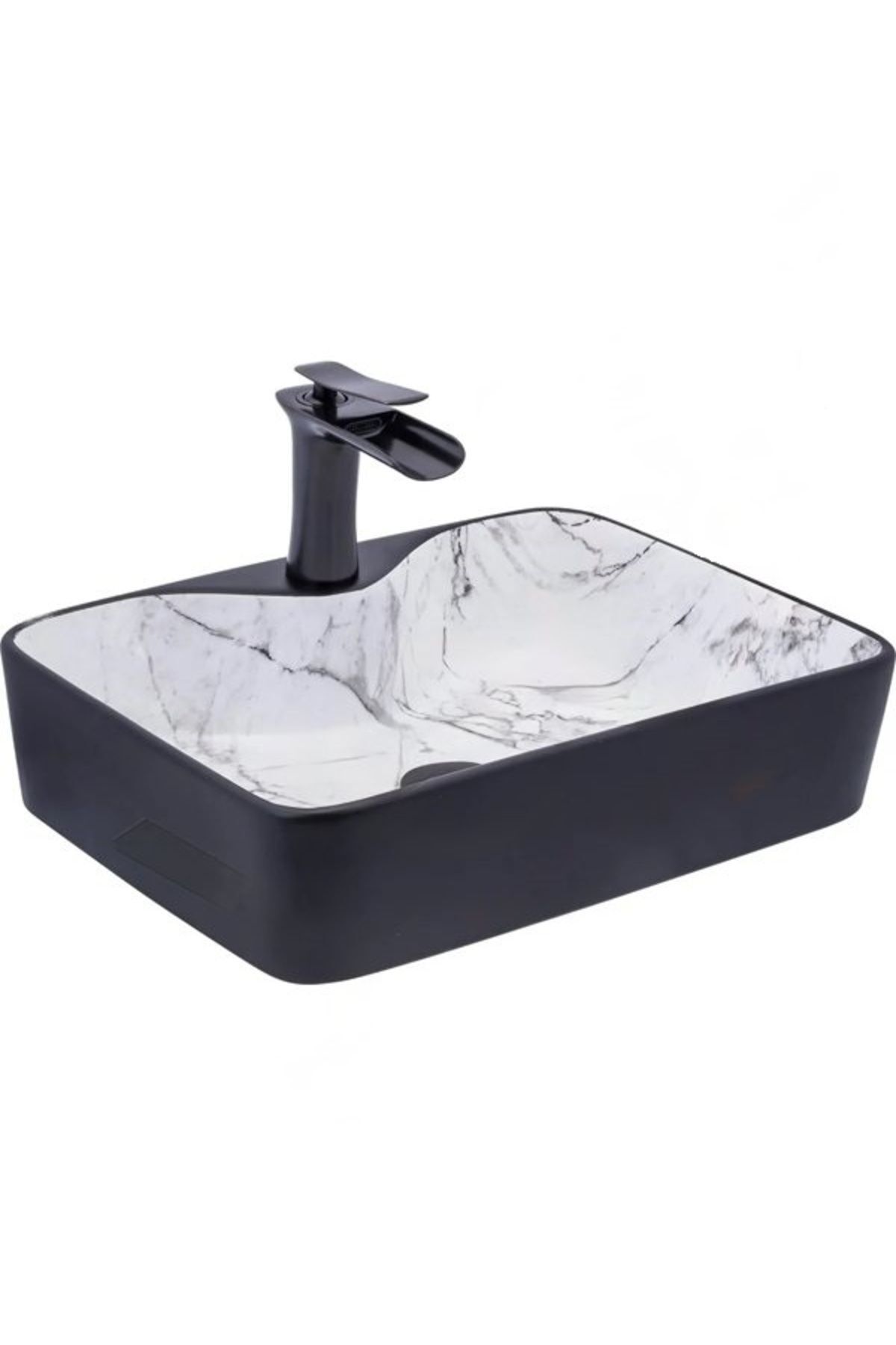 YUEN Banyo Lavabosu Tezgah Üstü Çanak Banyo Lavabosu Doğal Taş Mermer Desenli 48x37x14 Ölçülerinde