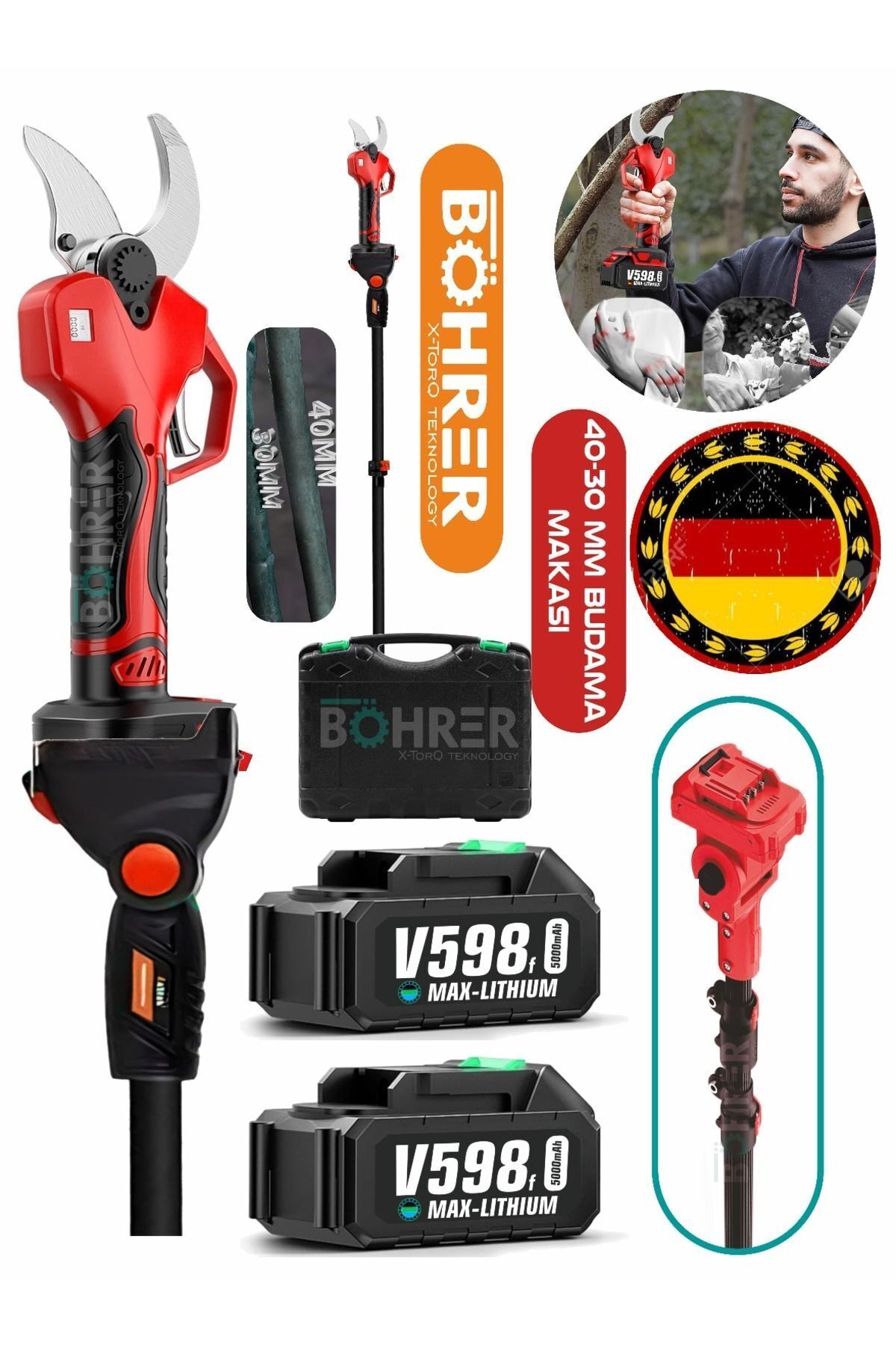 BÖHRER ALMAN RED KÖMÜRSÜZ DİJİTAL 3M UZATMA KOLLU 42MM PROFESYONEL AKÜLÜ BUDAMA BAĞ MAKASI