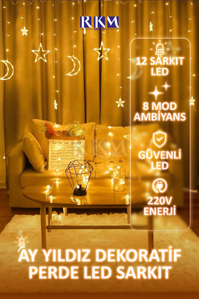 rkmstore Dekoratif 8 Modlu Ay Yıldız Perde Led Gün Işığı Ramazan Süsleme Işık...