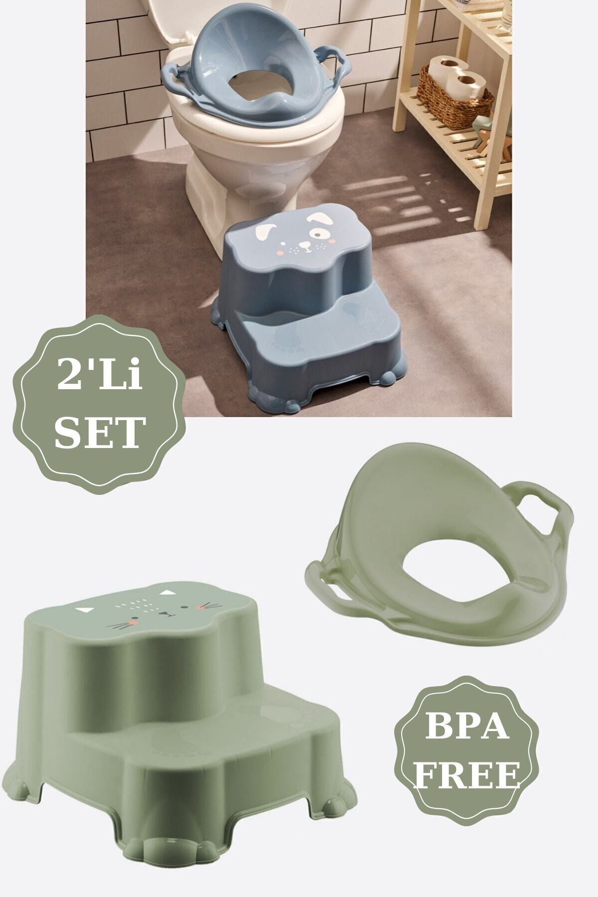 Zuu Baby Kaydırmaz Çift Basamaklı Çocuk Taburesi Ve Kulplu Klozet Tuvalet Alıştırma Adaptörü 2'li Set Yeşil