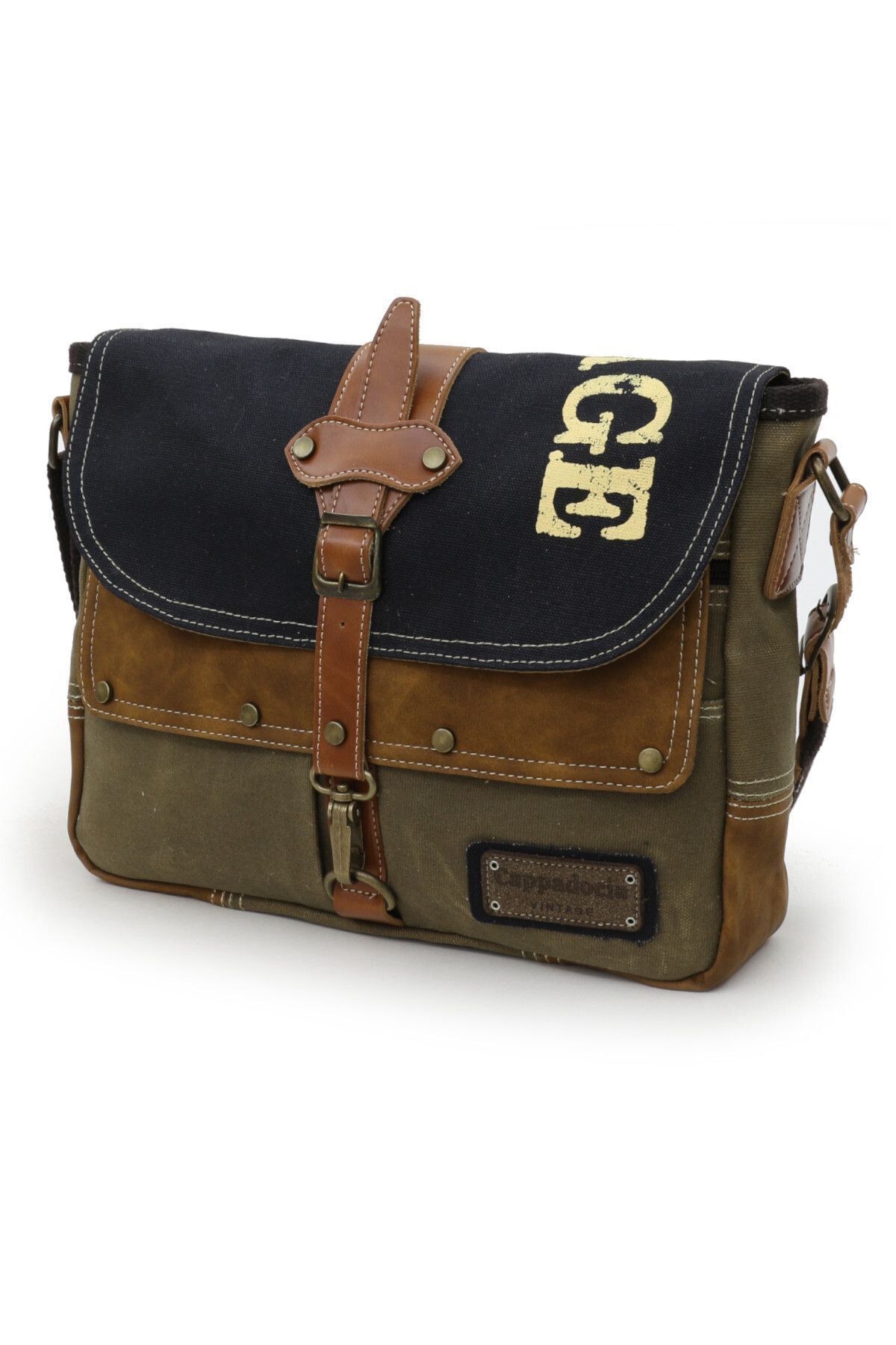 Cappadocia Vintage 4046 Antiochia Omuz Postacı Siyah Taba Suya Dayanıklı Mumlu Pamuk Kanvas Laptop Okul Evrak Çantası