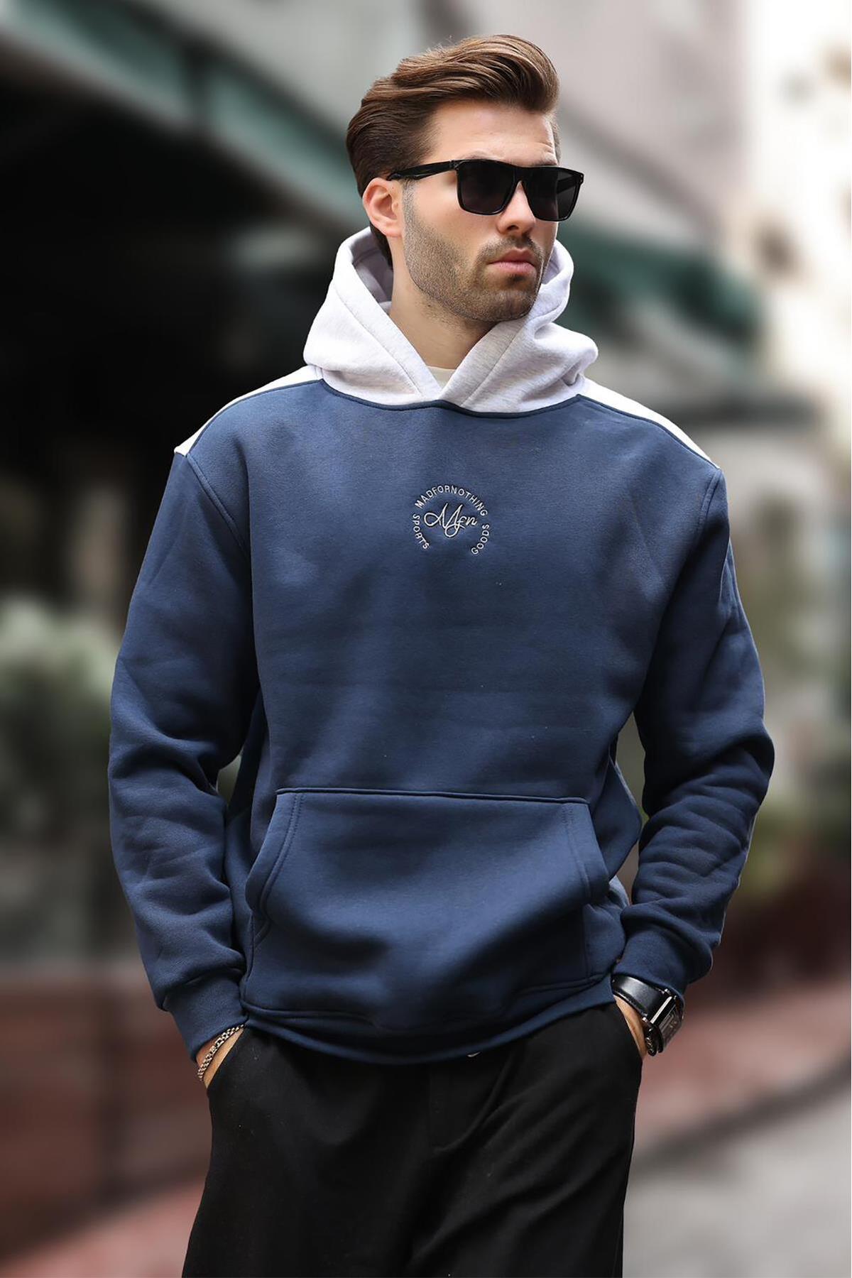 سوئيشرت مردانه  با کلاه آبي سرمه اي Madmext