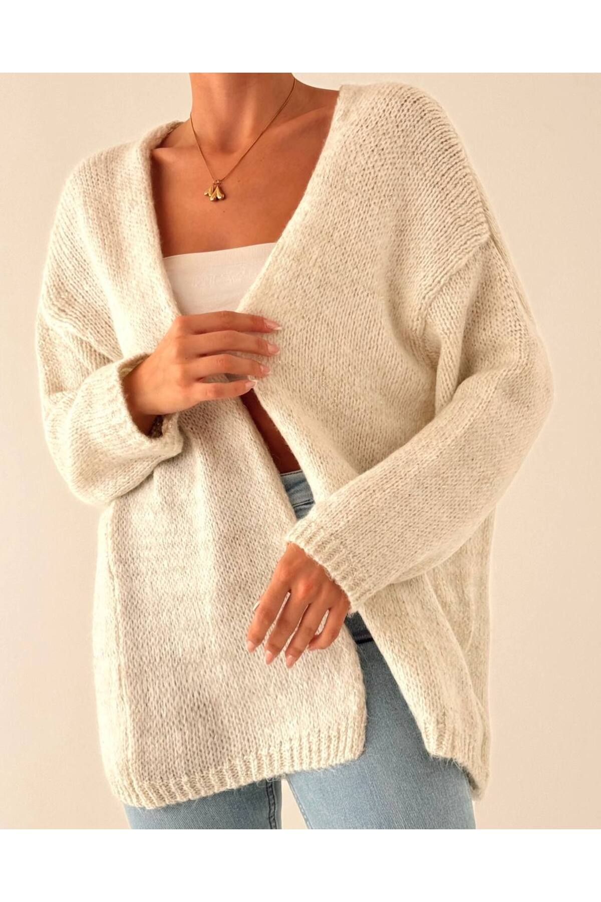 My Blog Ecru Glitter Soft Textured Plain Cardigan-4337 Kobieta - Standard