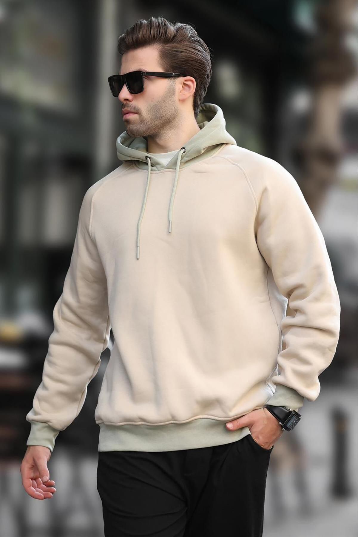 سویشرت کلاهدار بژ 7073 Madmext