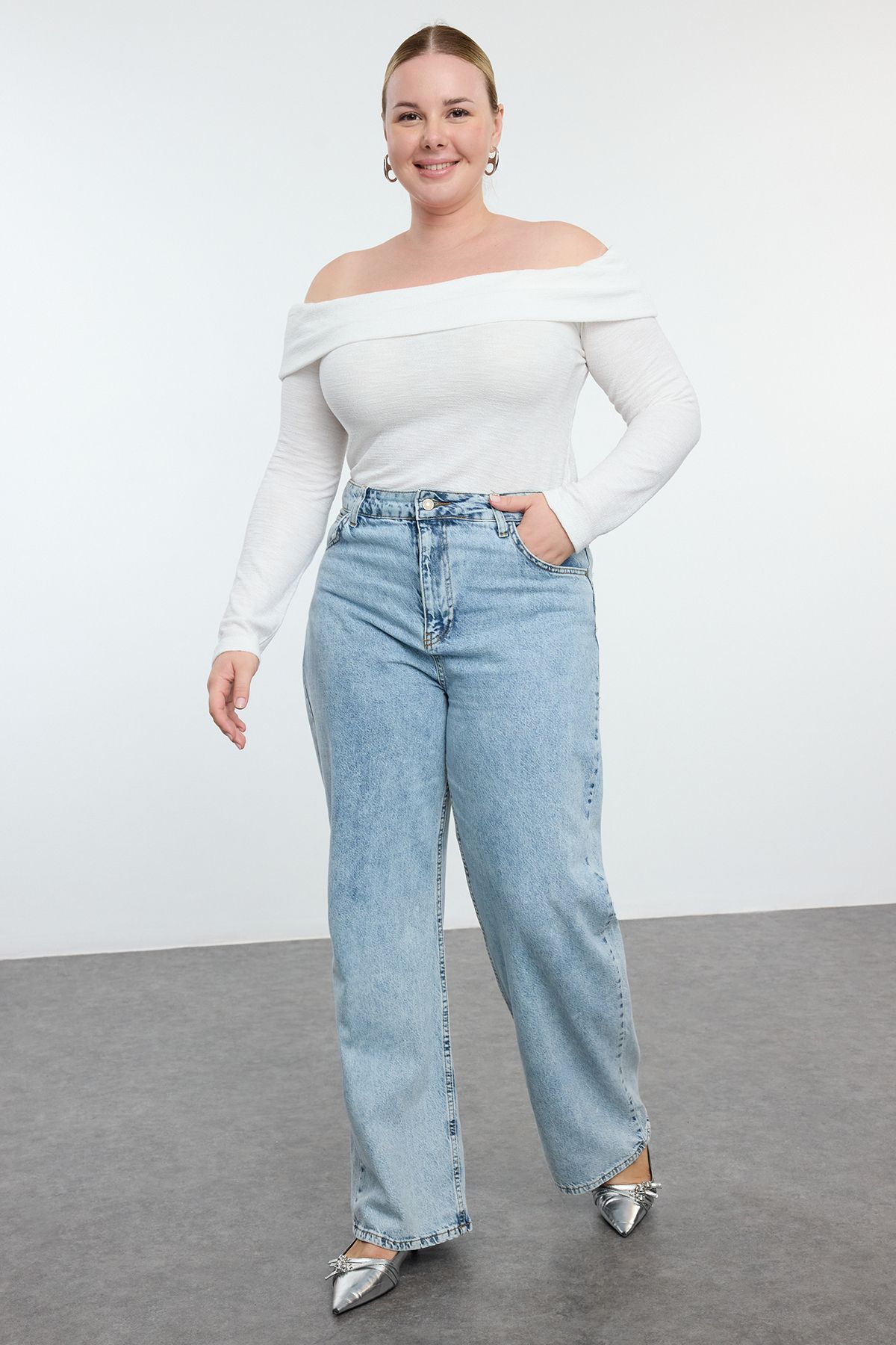Trendyol Curve-Πλεκτή μπλούζα Ecru Foam Plus Size 1