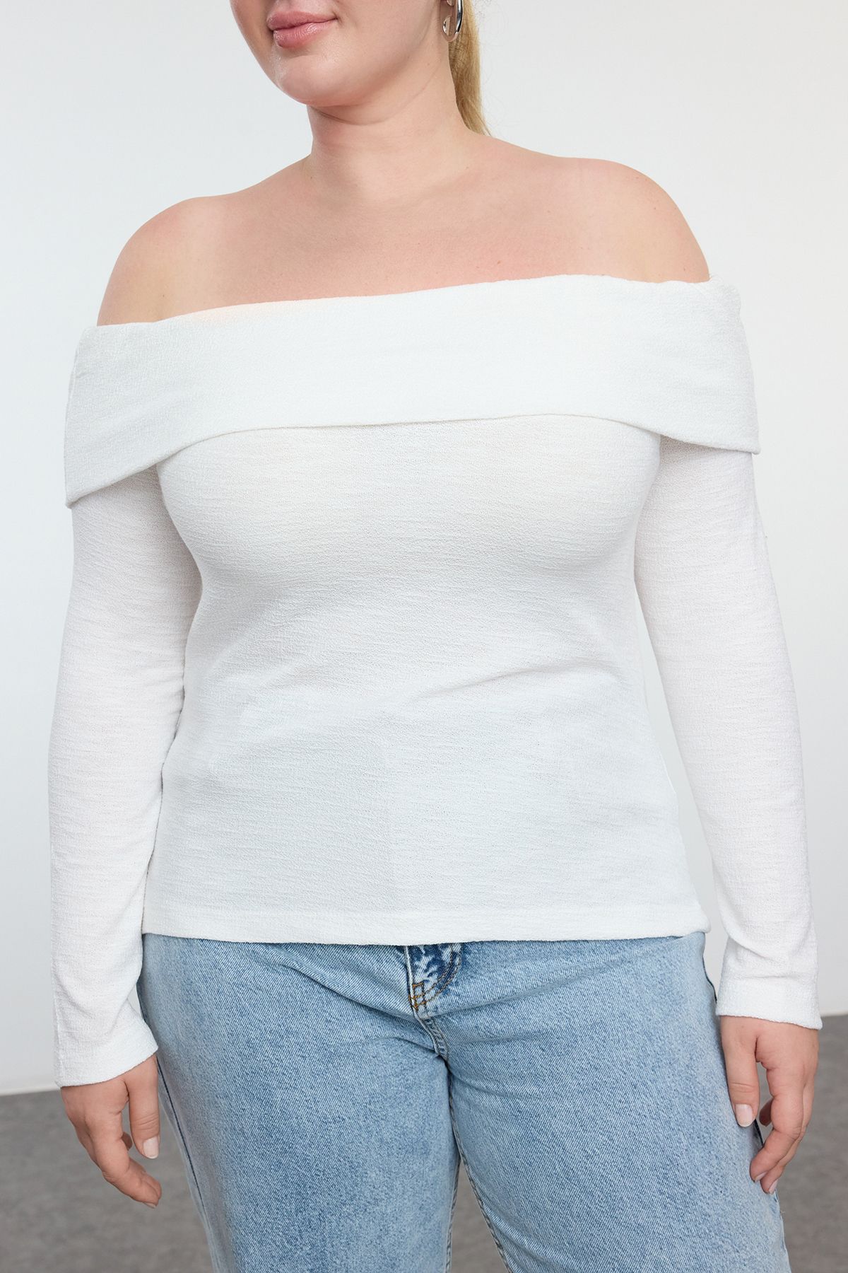 Trendyol Curve-Πλεκτή μπλούζα Ecru Foam Plus Size 3