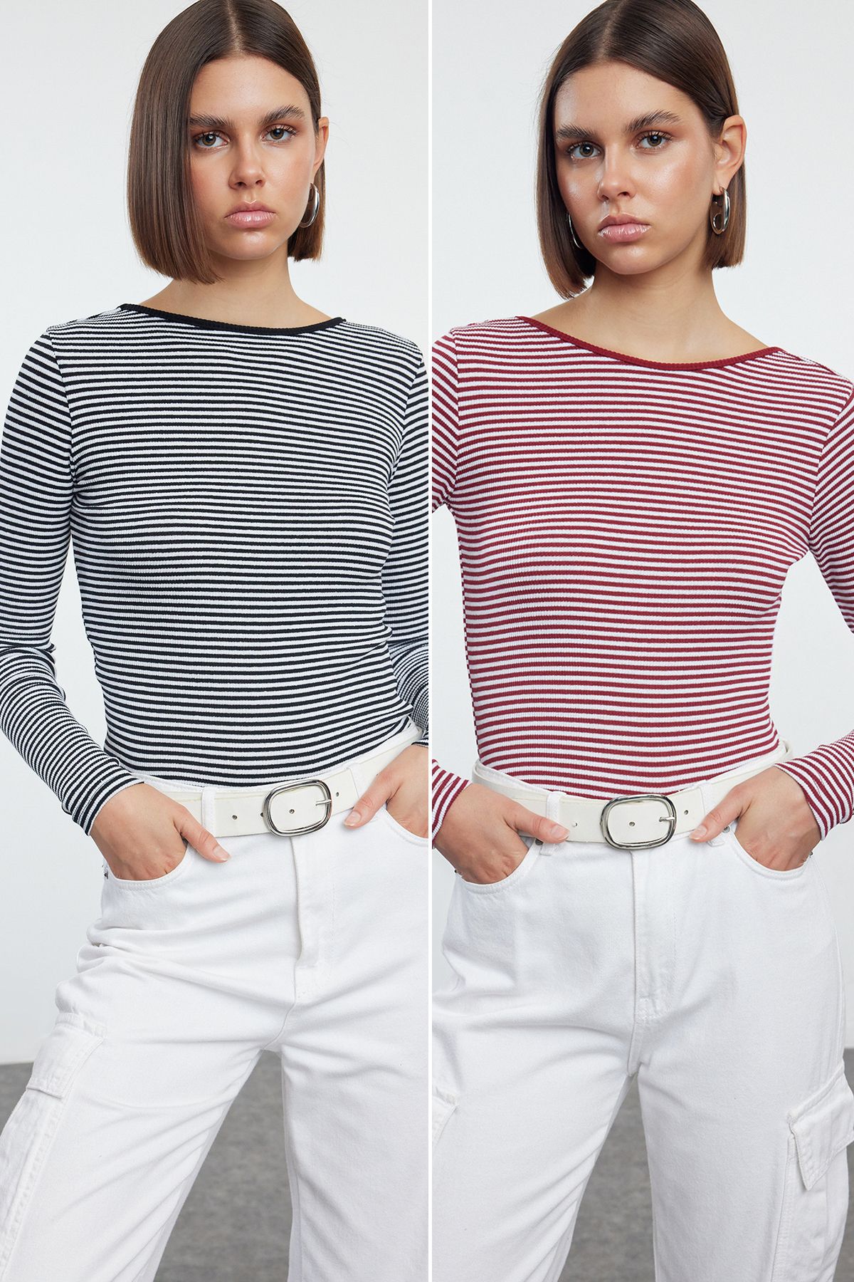 Trendyol Collection Elastyczna Bluzka Z Dzianiny Sznurkowej - W Czarno-czerwone Paski, Z Odkrytymi Plecami Kobieta - XS