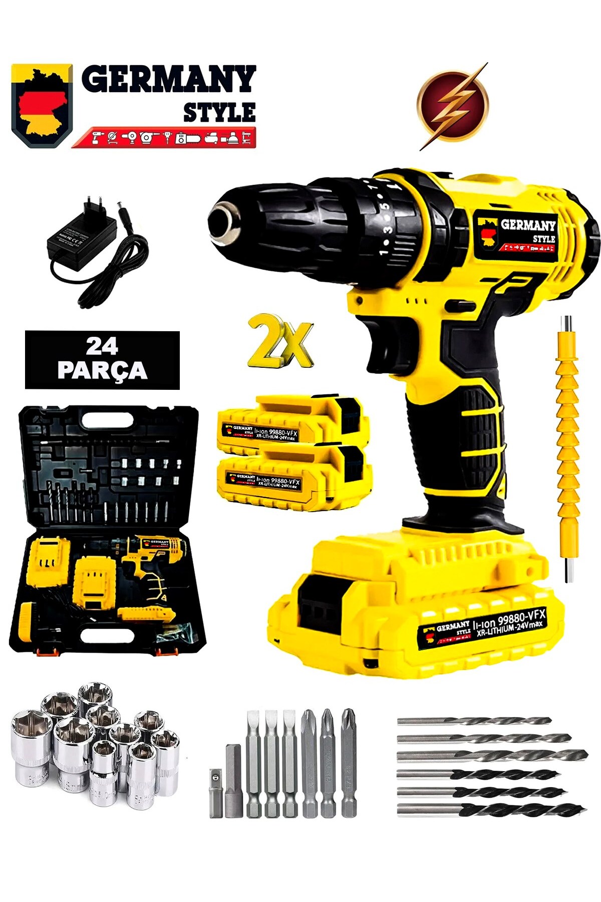 Germany Style GRM-99823VFX Çelik Şanzıman Darbeli  Çift Akülü Vidalama Matkap  24 Parça Setli Matkap