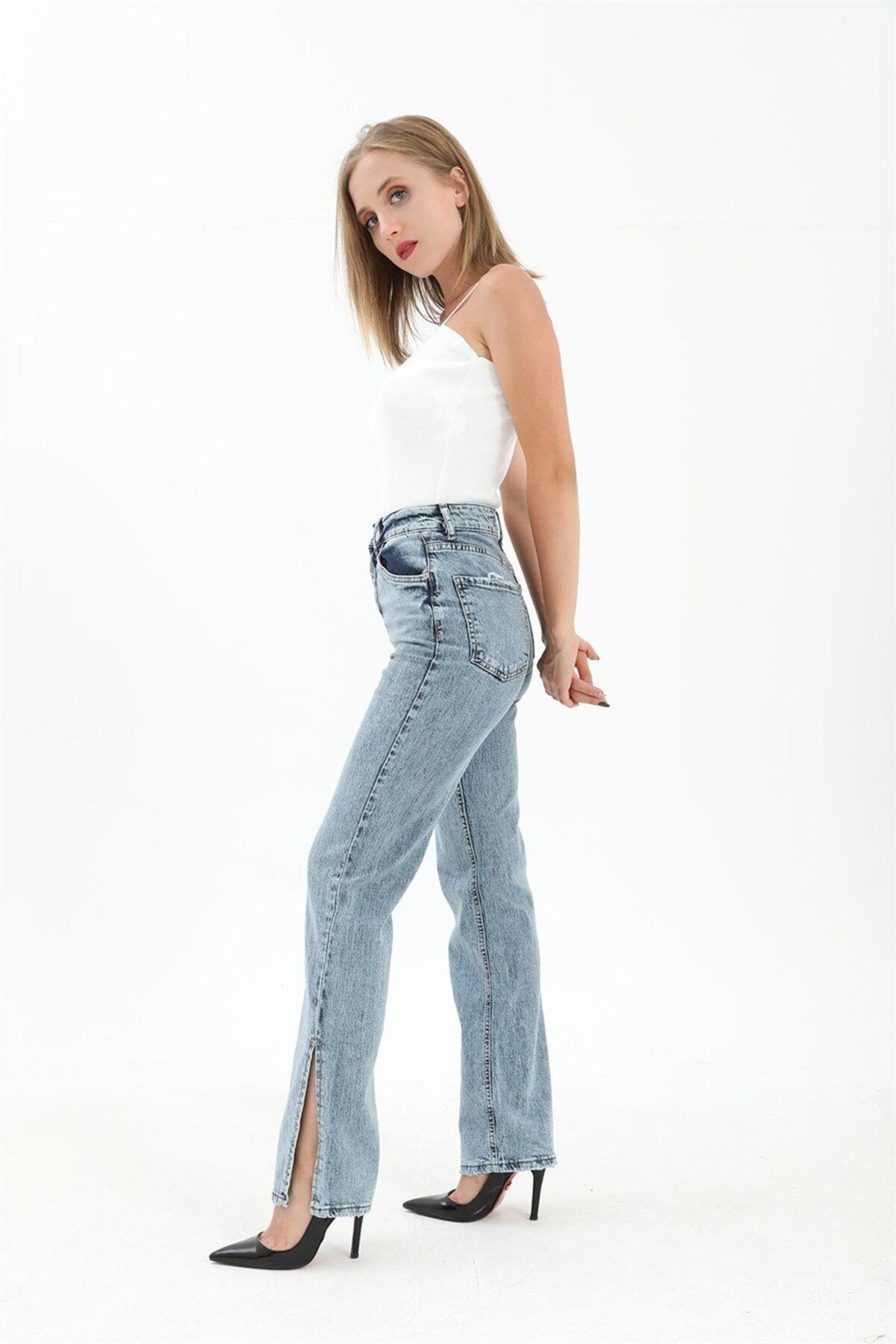 TUA MODA-TUA FASHION Blue Denim Trousers - High Waist, Back Pocket and Side Slit 1