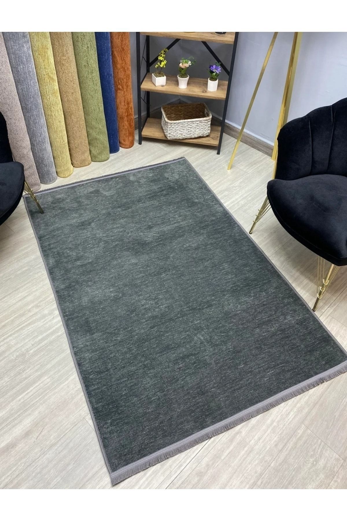 Plain Anthracite Chenille Runner Rug Washable Anti-Slip Base Anthracite
