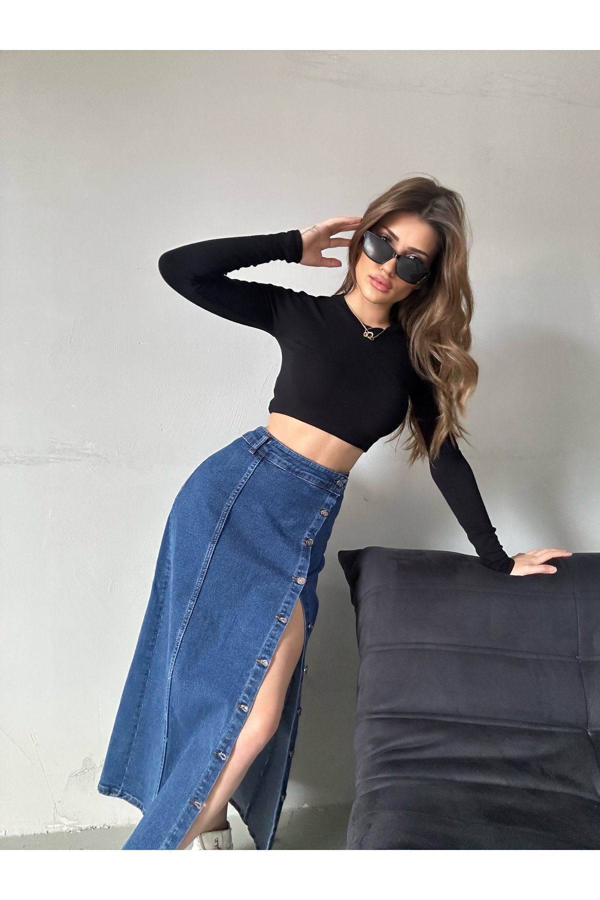 Kadın Önü Düğmeli Maxi Boy Koyu Mavi Likralı Denim Etek