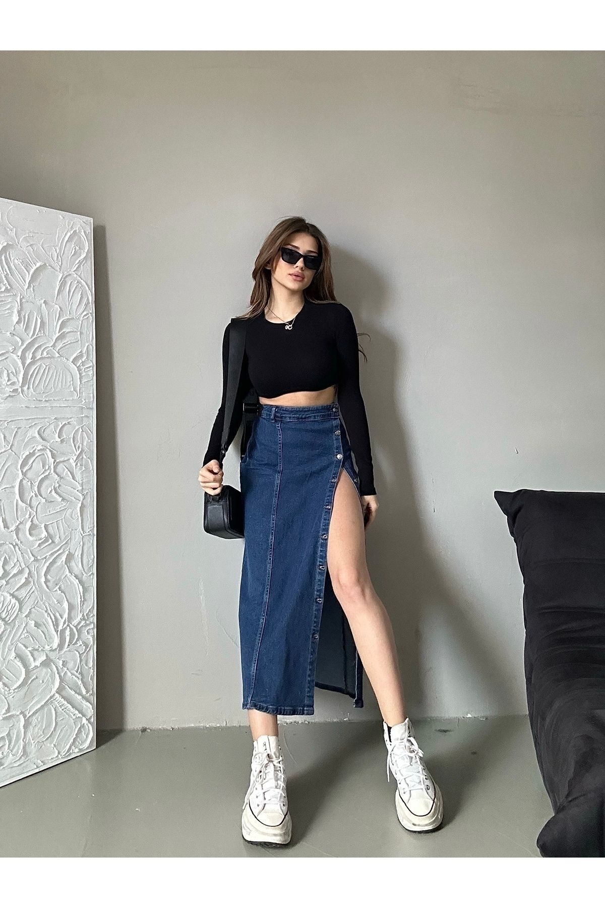 Kadın Önü Düğmeli Maxi Boy Koyu Mavi Likralı Denim Etek