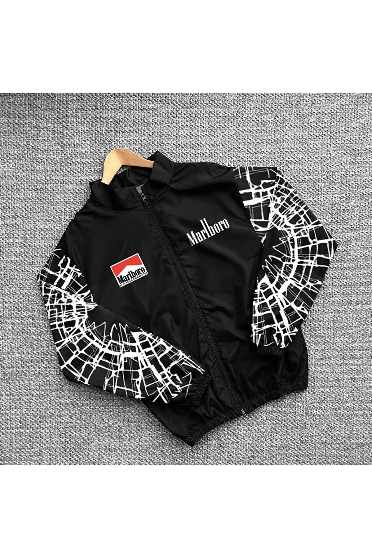 Lushen-Unisex Y2k Fallschirmstoff Oversize bedruckte schwarze Windjacke Regenmantel Jacke 4
